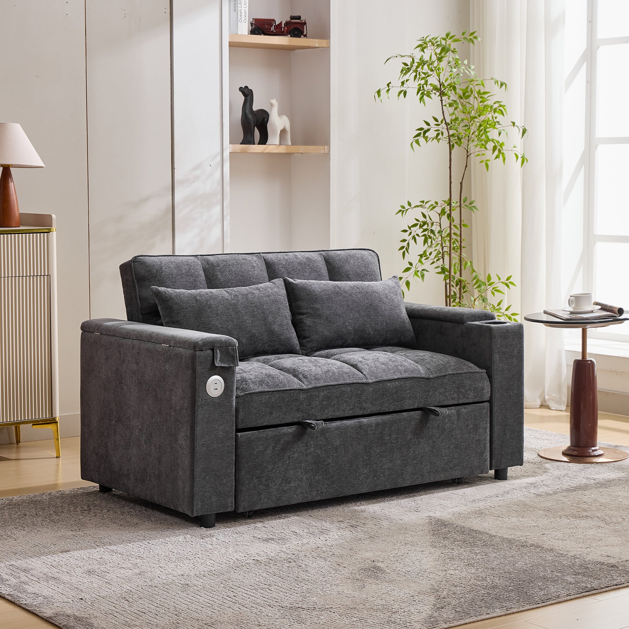 Canapé convertible 2 personnes 140.5x74x82 cm - Dossier réglable - Port USB - Porte-gobelet - Petite table d'appoint - Gris - 4