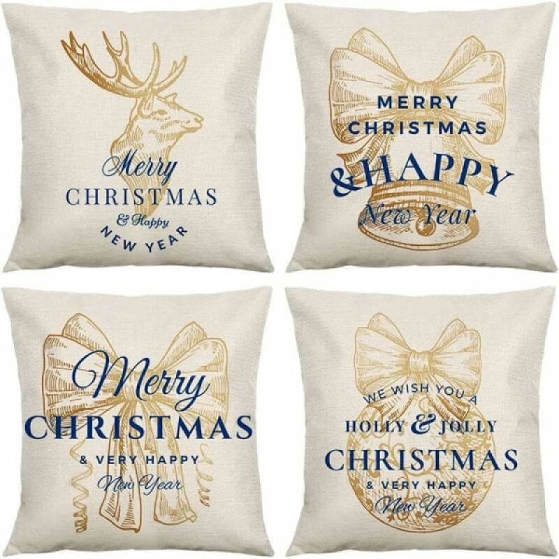Funda de 4 piezas con temática navideña, funda de almohada con copos de nieve, funda de almohada navideña, funda, funda de almohada navideña para sofá
