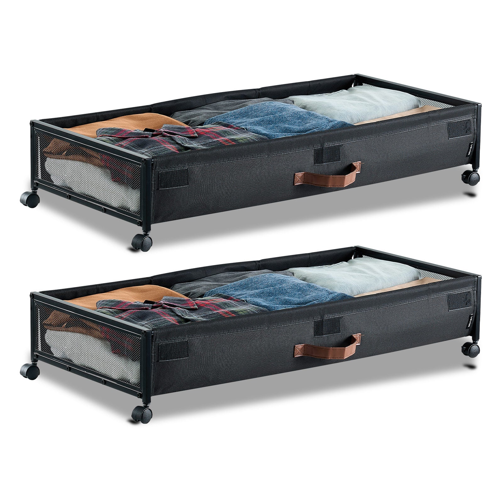 2 Contenitori Portaoggetti Sotto Il Letto Con Ruote, 76x39x18 Cm, Coperchio Trasparente, Maniglie In Pelle, Telaio Metallico, Per Vestiti, Scarpe, Coperte, Giocattoli, Libri - 2