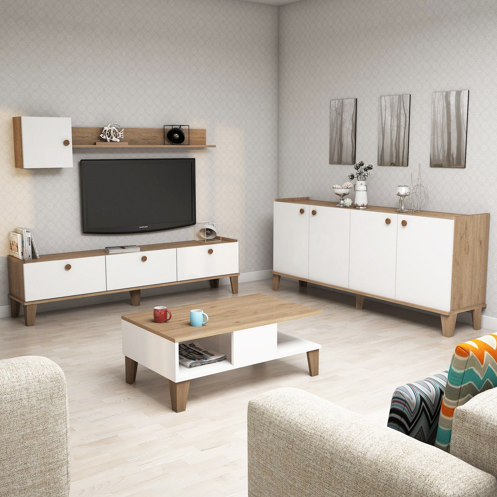 Mobilier living SUMER G7020, alb/stejar, PAL melaminat, 4 piese | Leroy ...