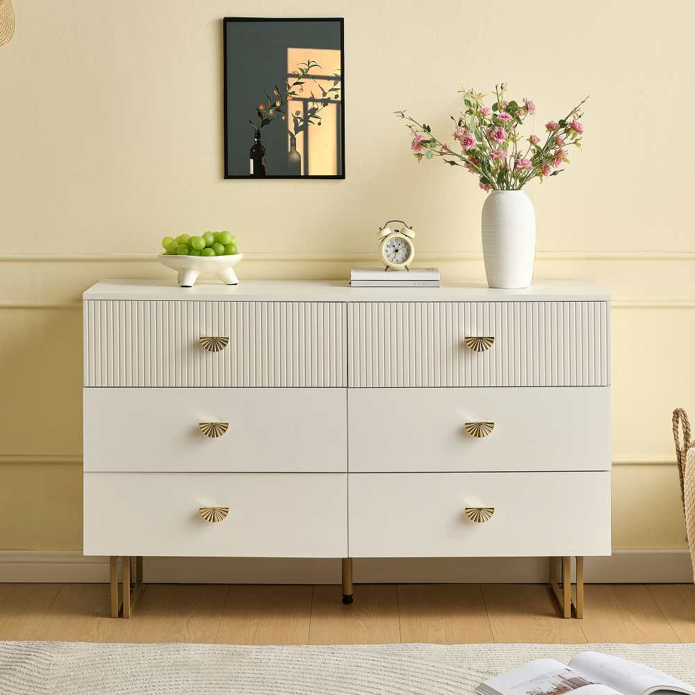 Nowoczesna komoda z 6 szufladami w kolorze białym i złotym – płyta MDF i stal, elegancki mebel do salonu, sypialni i przedpokoju, 120x40x75 cm