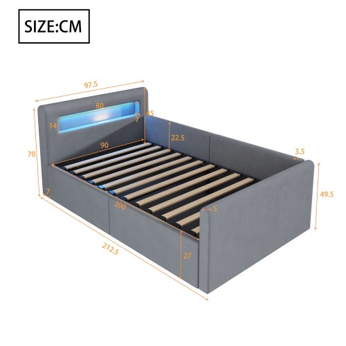 Lit enfant rembourré 90x200 cm, avec éclairage LED, veilleuse et port de charge USB, étagère, espace de rangement, lit simple, gris clair - 3