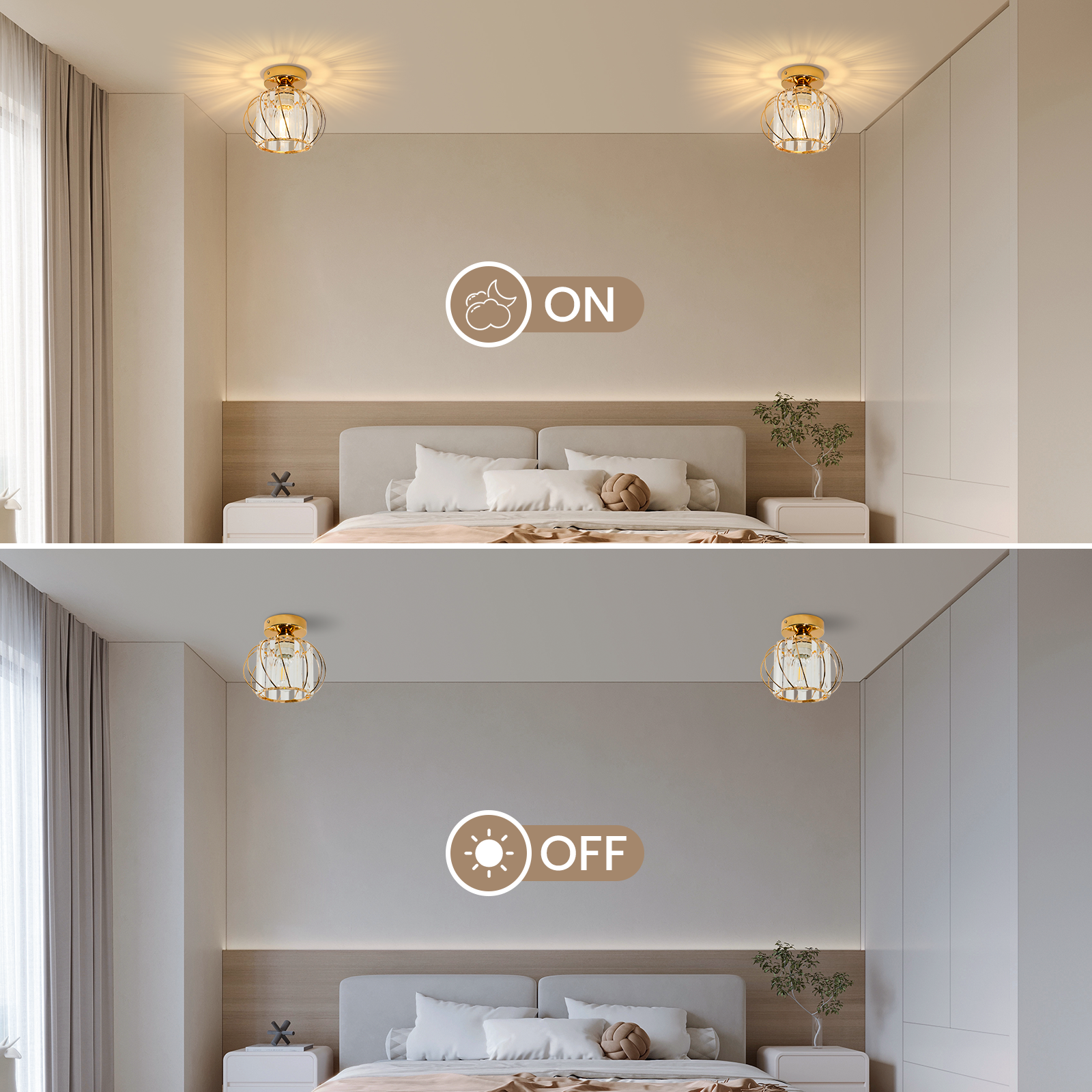 GOECO Plafonnier Cristal Doré en Métal, Luminaire Plafond E27 Rond Ø19cm pour Salon Chambre Couloir Intérieur - 7