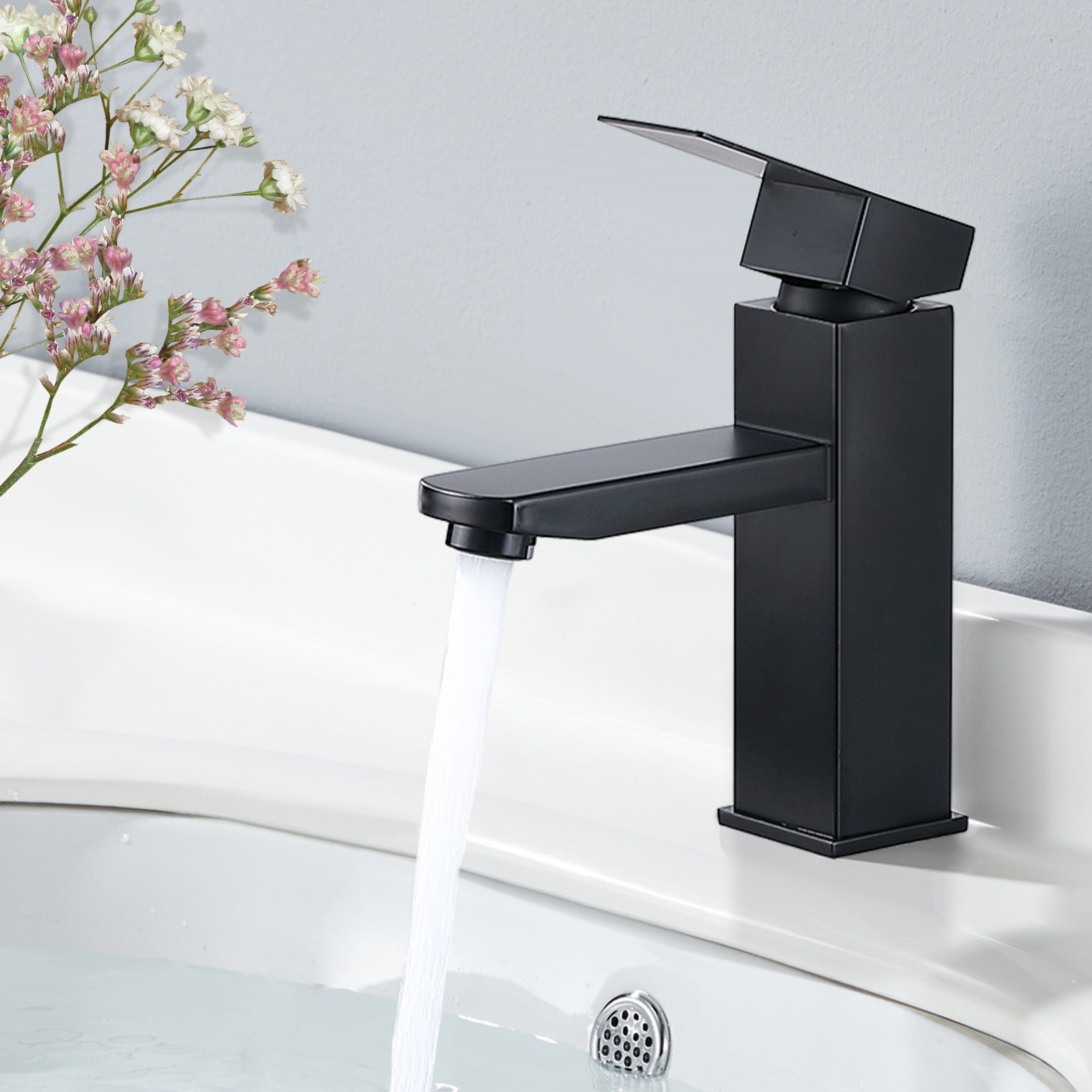 Czarny mosiężny kran mieszaczowy do umywalki, kran jednouchwytowy do łazienki, woda ciepła i zimna