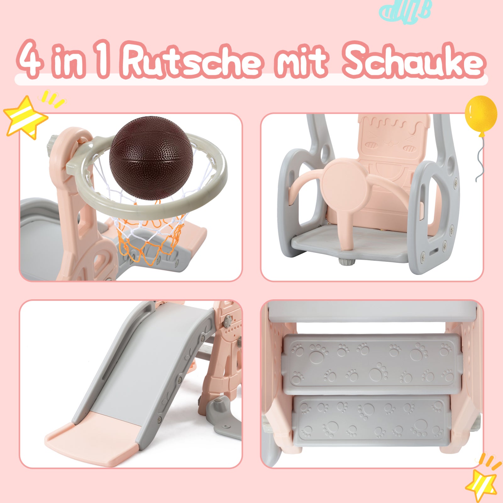 Toboggan 4 en 1 pour Enfant, Aire de Jeux Extérieure et Intérieure avec Escaliers, Balançoire, Toboggan et Panier de Basket pour Enfants de 1 à 6 ans - 6