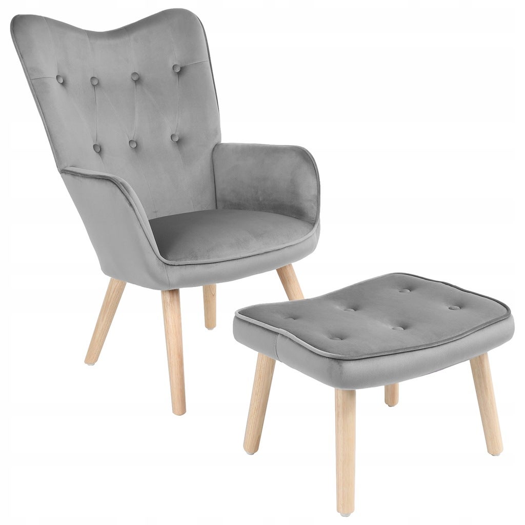 Fotel uszak wypoczynkowy tapicerowany do salonu Arne z podnóżkiem szary