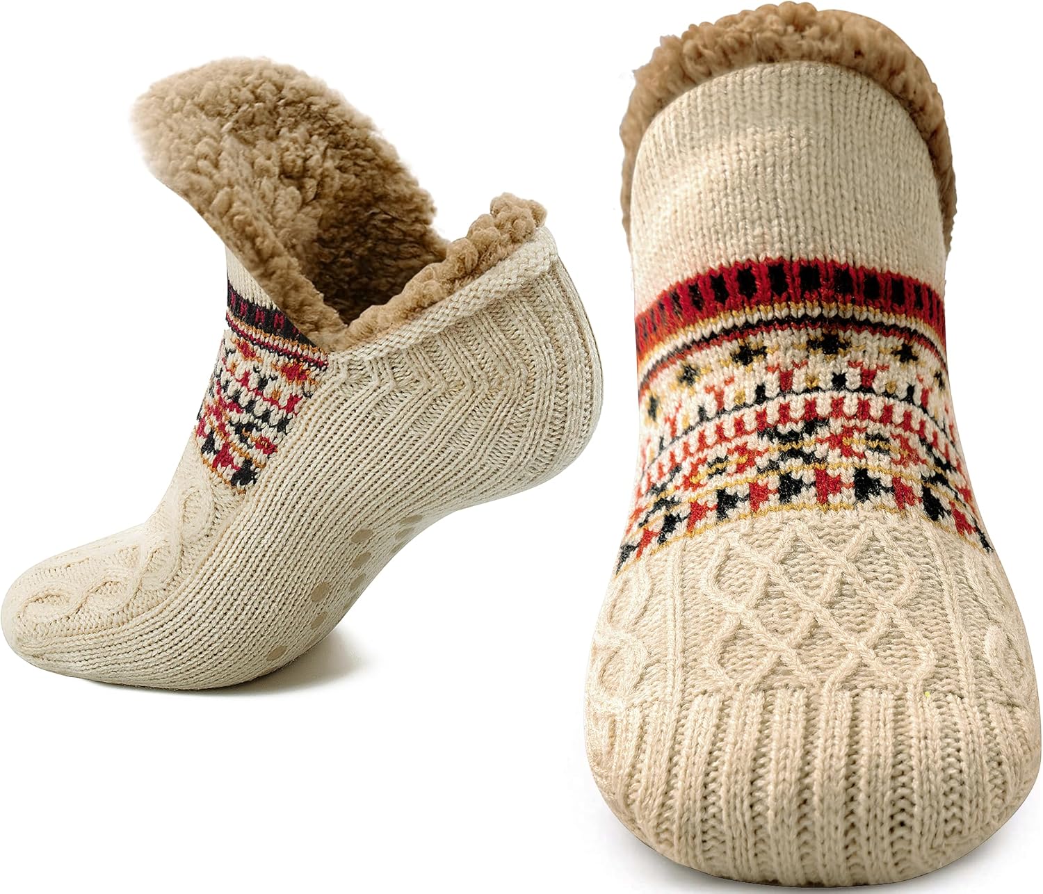 Chaussettes D’hiver épaisses Unisexes – Motif Nordique, Antidérapantes, 30 Cm/XL, Rouge, 1 Paire