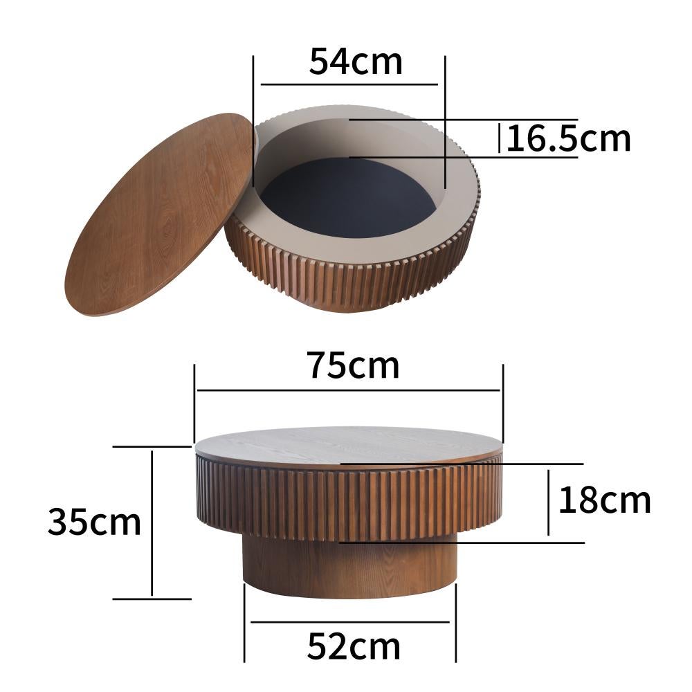 Table basse ronde 75 cm avec rangement, plateau en bois massif plaqué, design moderne et fonctionnel pour salon, chambre ou bureau - 3