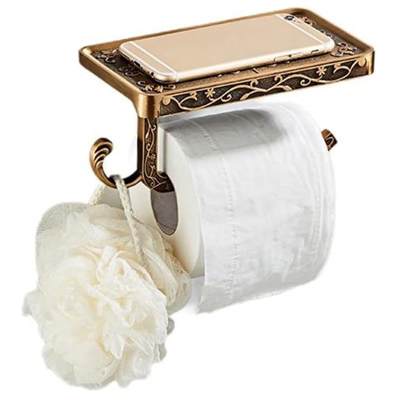 Uchwyt na papier toaletowy w stylu vintage, ścienny, z półką i haczykiem, uchwyt na papier toaletowy do łazienki, złoty