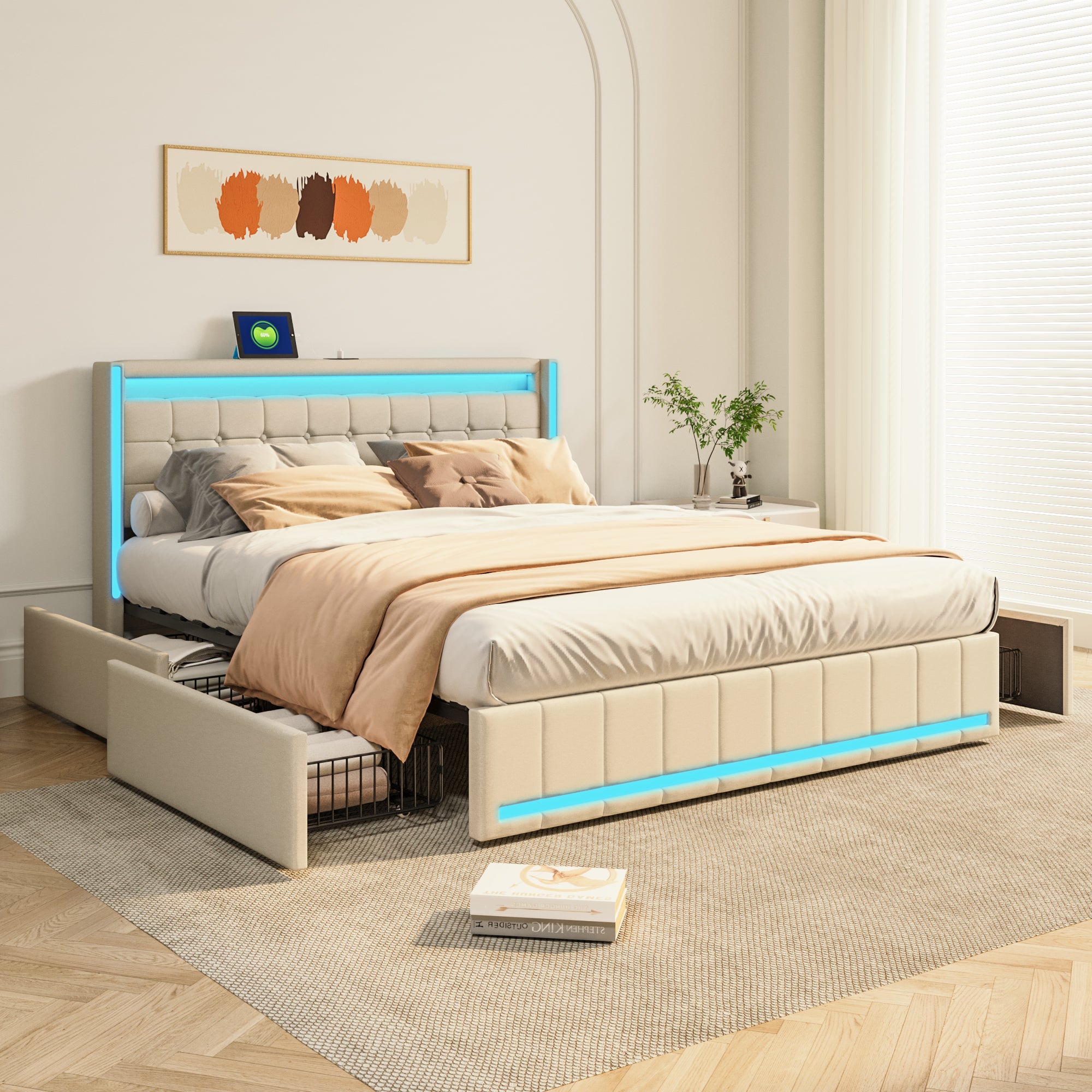 Letto Matrimoniale Imbottito 140x200 Cm Con Luci LED E Cassetto: Struttura In Legno E Tessuto Lino Beige - Senza Materasso