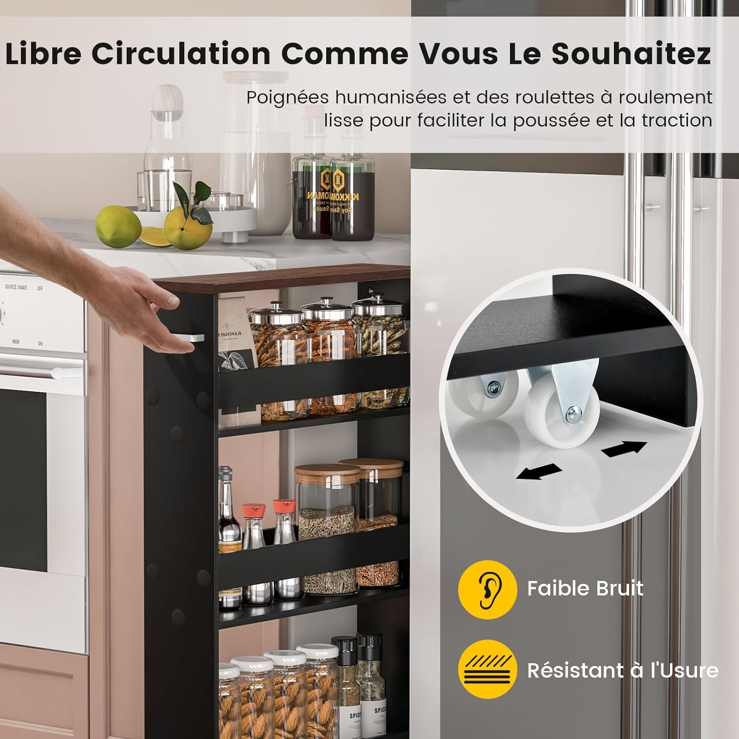 Carrello Di Stoccaggio Sottile A 4 Livelli Con Maniglia E Ruote Girevoli 360° – Unità Scorrevoli Per Spazi Stretti, In Legno PB E Metallo, 47,5x13x80,5 Cm, Per Cucina, Bagno E Lavanderia