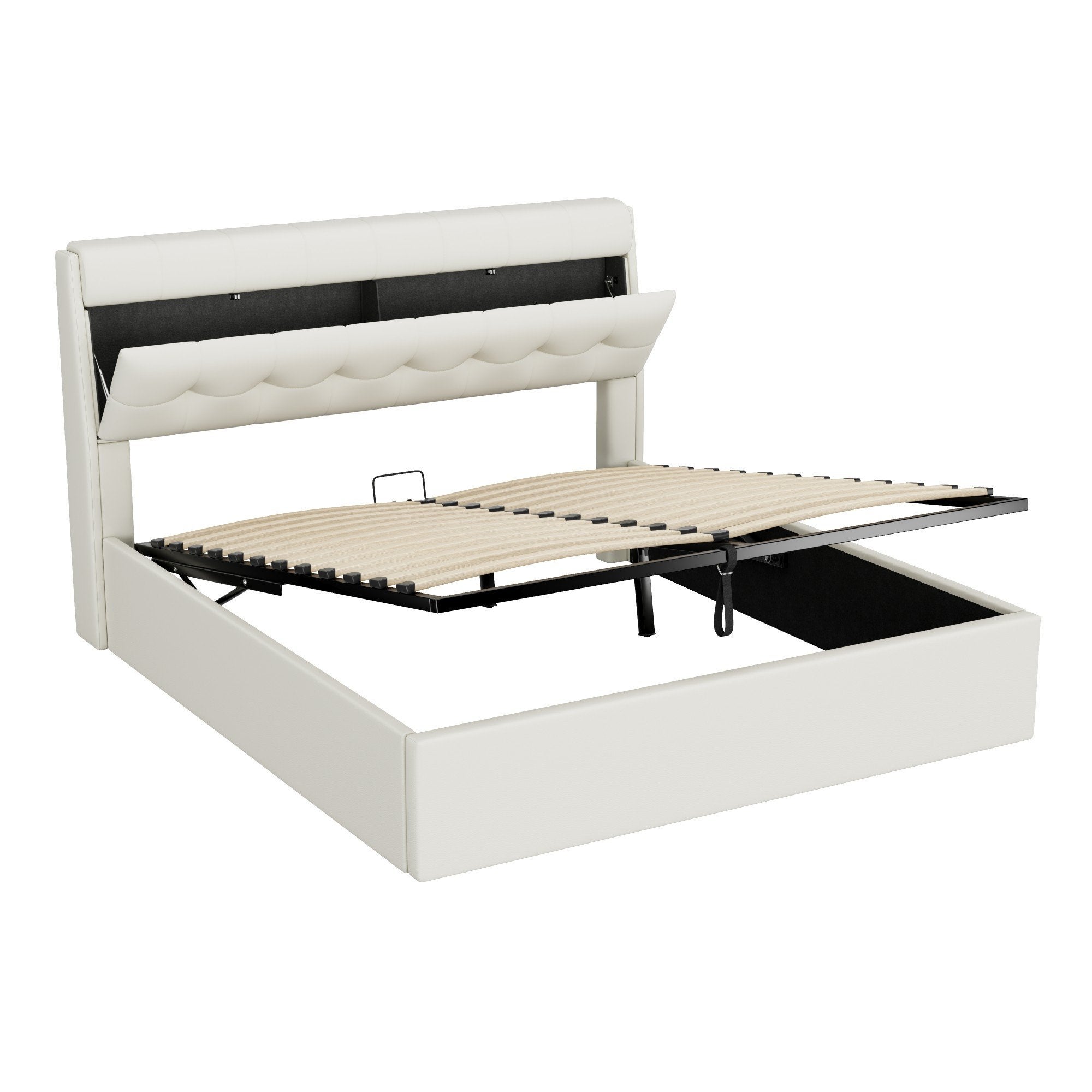 Cama tapizada hidráulica 160*200, almacenamiento oculto en el cabecero, almacenamiento bajo la cama, PU, con somier de láminas y cabecero, blanco - 6