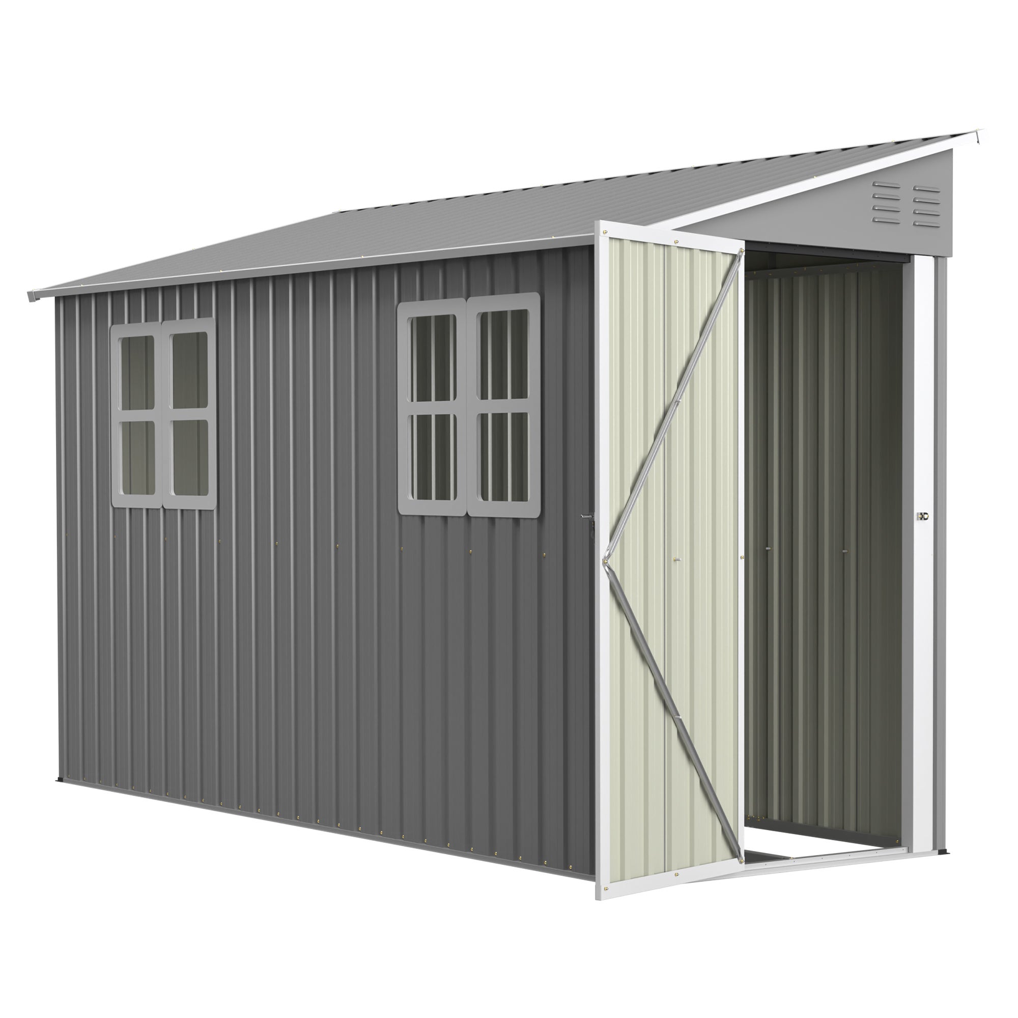 Caseta de jardín exterior3,2 m² /291x110x188 cm con kit de suelo – Caseta para herramientas con 2 puertas+ 2 ventanas,Cobertizo Metálico - Gris - 3