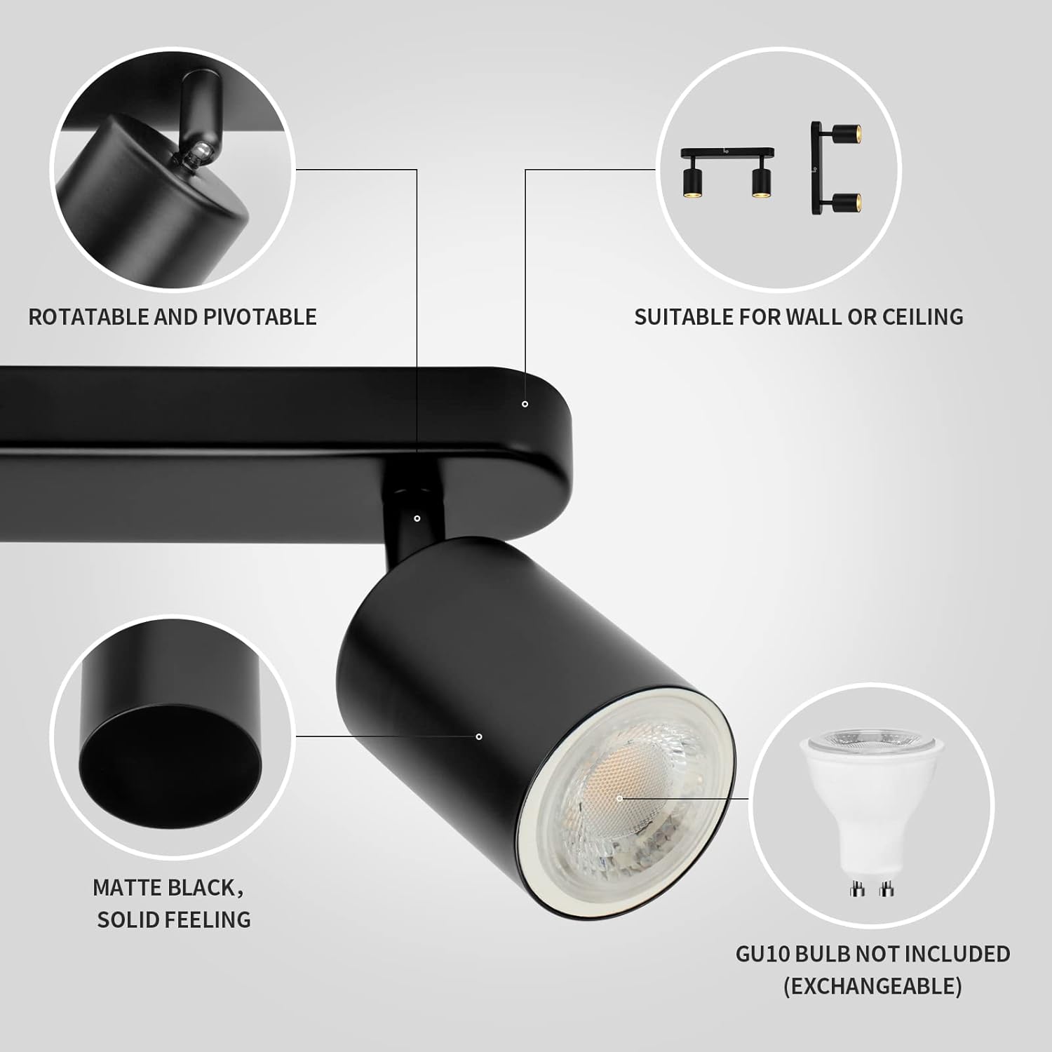 Plafonnier LED 2 Spots Orientables GU10, 2 Spots Pivotants, Plafonnier Cuisine Éclairage de Plafond, Applique murale LED Noir (Sans Ampoule) - 5