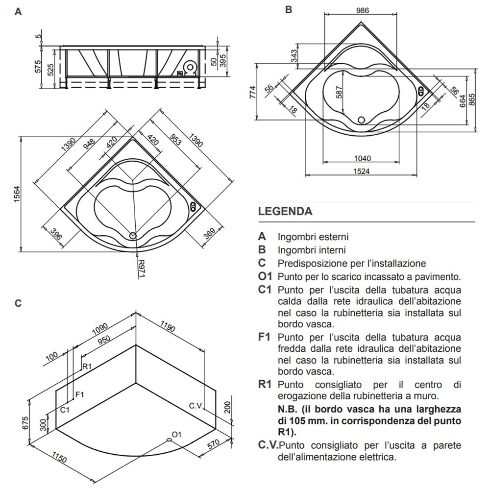 Vasca angolare con idromassaggio e pannello 140x140cm - Ambra - 4