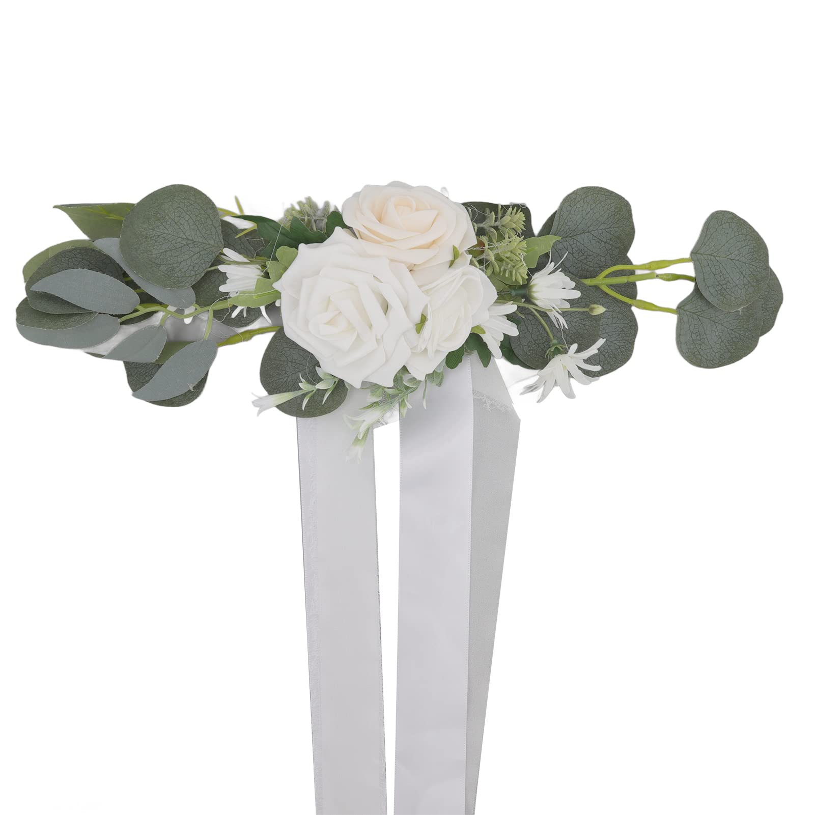 Silla de boda con flores blancas Decoración de respaldo de silla de boda Flores artificiales para fotografía - 4