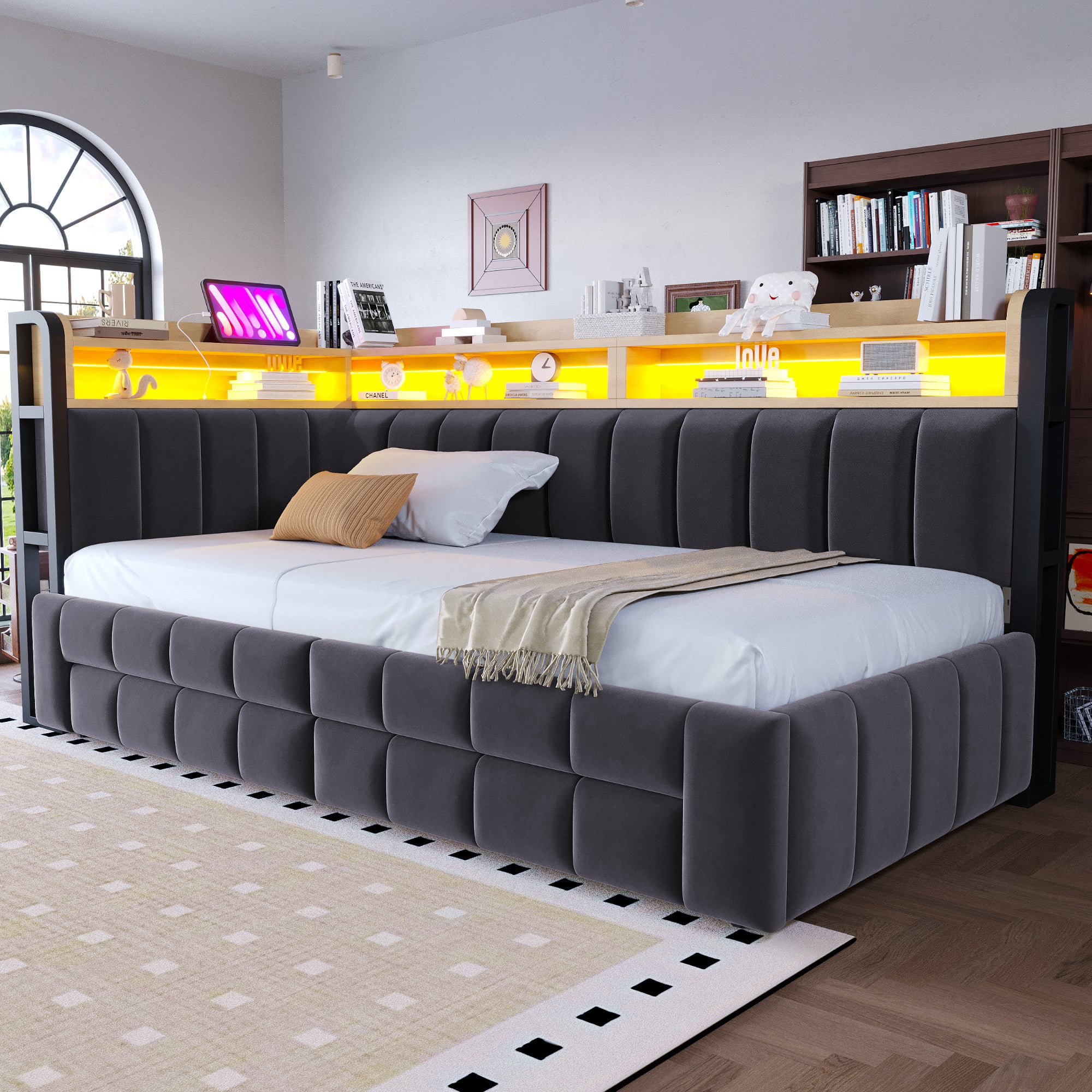 Canapé-lit 90/180×200cm avec éclairage LED et port,Lit capitonné avec lit gigogne et espace de rangement,Velours,Gris foncé (matelas non inclus) - 5