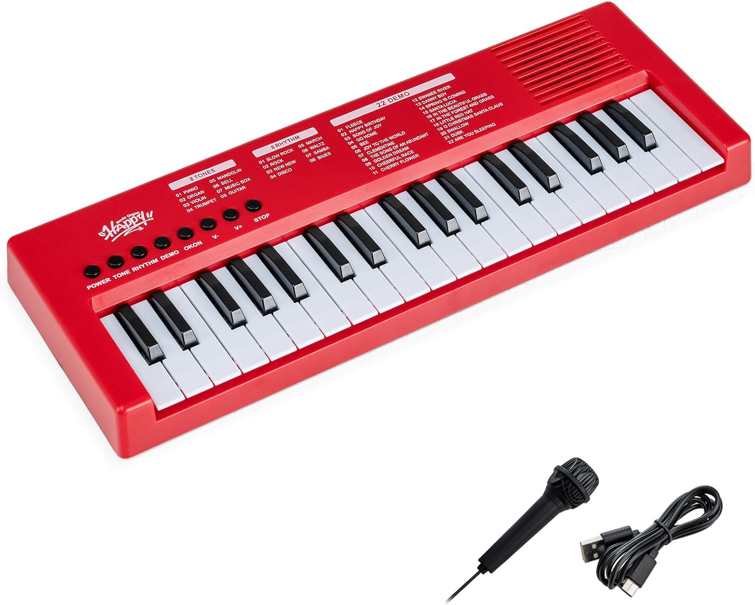 Klawiatura Fortepianowa dla Dzieci z 37 Klawiszami, 8 Rytmami i 8 Tonacjami, 22 Demo, Instrument Fortepianowy dla Dzieci powyżej 3 Lat (Czerwony)