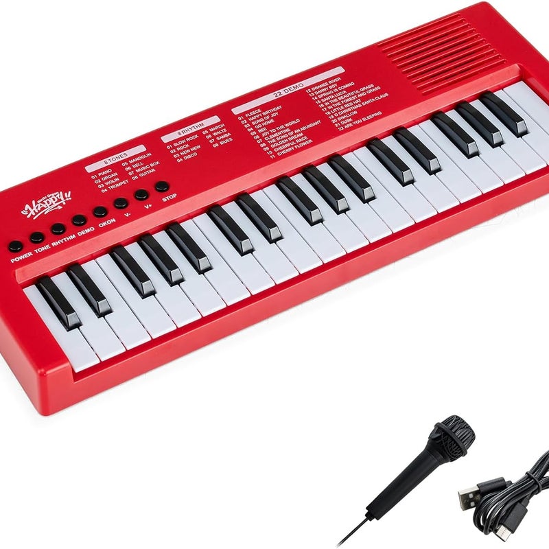 Klawiatura Fortepianowa dla Dzieci z 37 Klawiszami, 8 Rytmami i 8 Tonacjami, 22 Demo, Instrument Fortepianowy dla Dzieci powyżej 3 Lat (Czerwony)