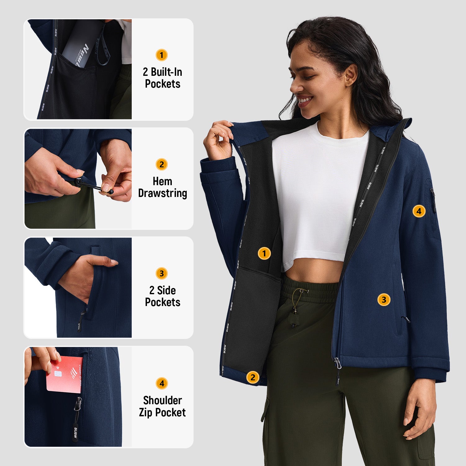 Veste de Travail Femme Taille L Blouson & Softshell - Imperméable, Anti-Vent, Fourré Chaud, Poches Multiples, Capuche - Bleu foncé - 2