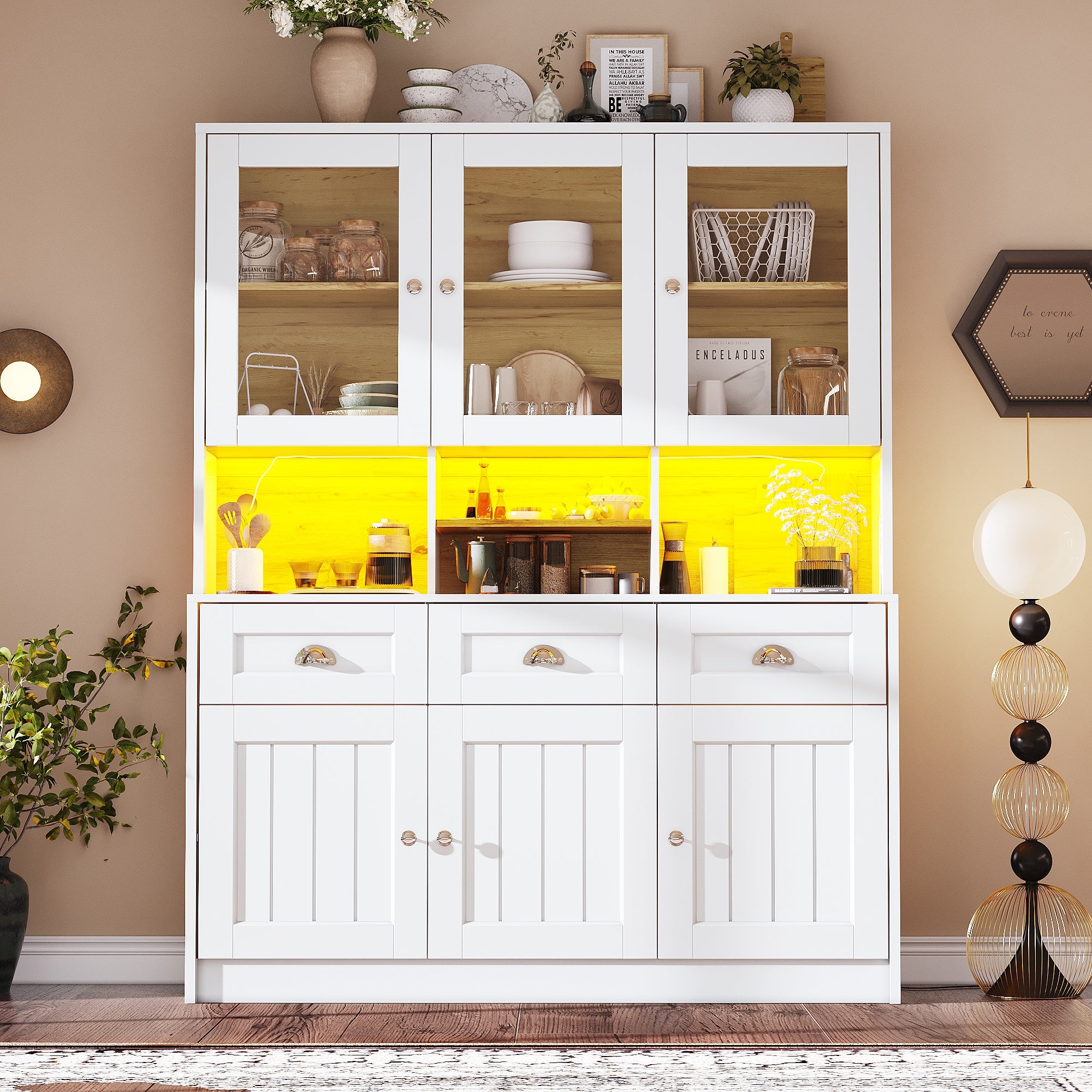 Credenza da cucina con 6 ante e 3 cassetti, vetrina - 140 x 40 x 175 cm - LED - MDF - Bianco - 2