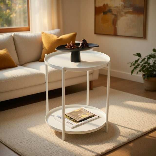 Table d'appoint ronde 2 étages métal étagère scandinave moderne noir blanc 42/52 cm