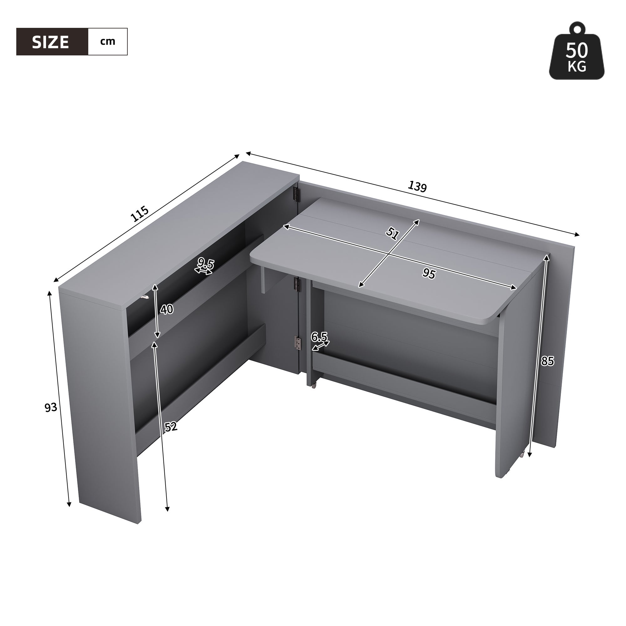 Bureau pliable 115x27x93 cm - avec fonction de charge sans fil - avec étagères et roulettes - Finition haute brillance - Gris - 4