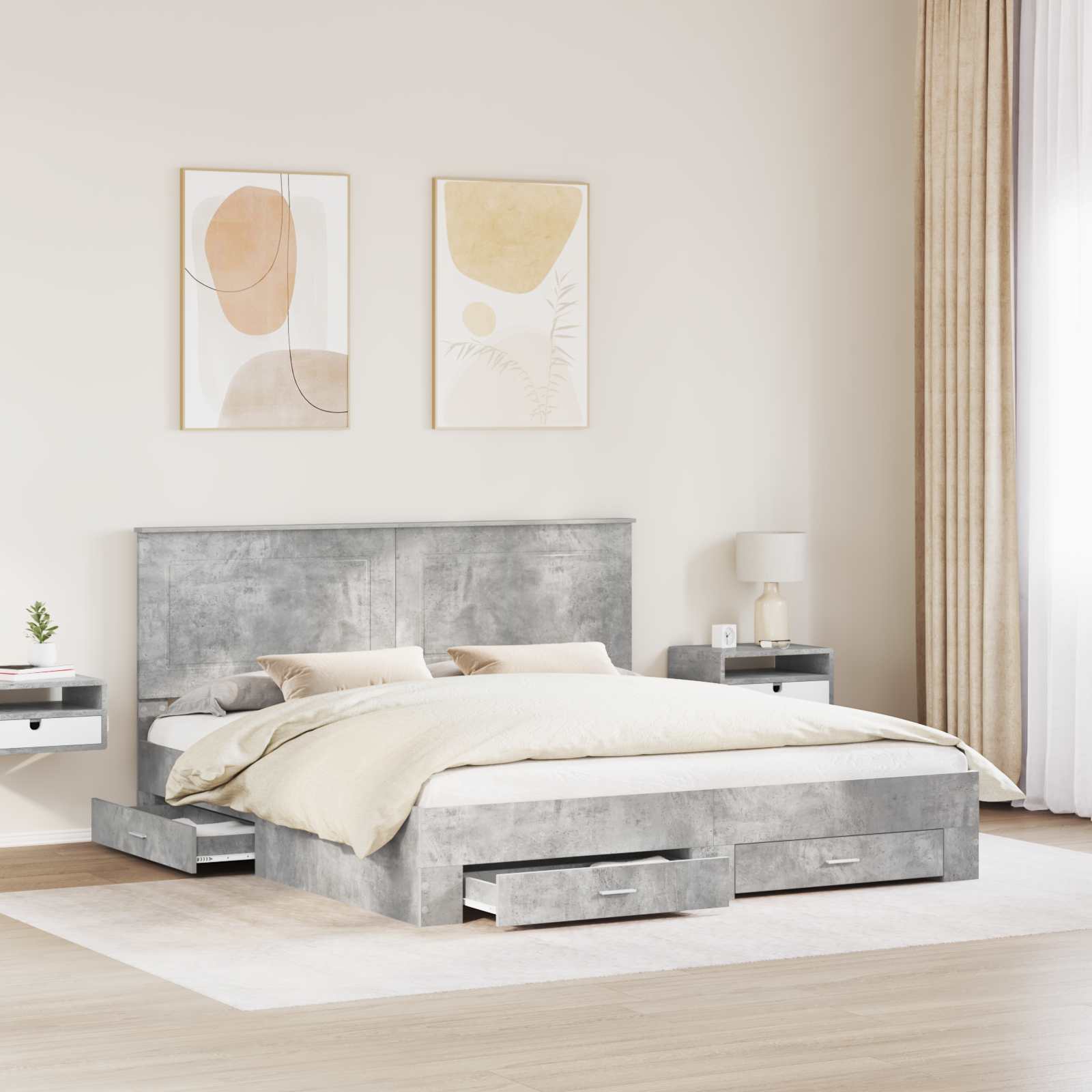 Cadre de lit gris béton 200 x 200 cm panneau de bois - 3