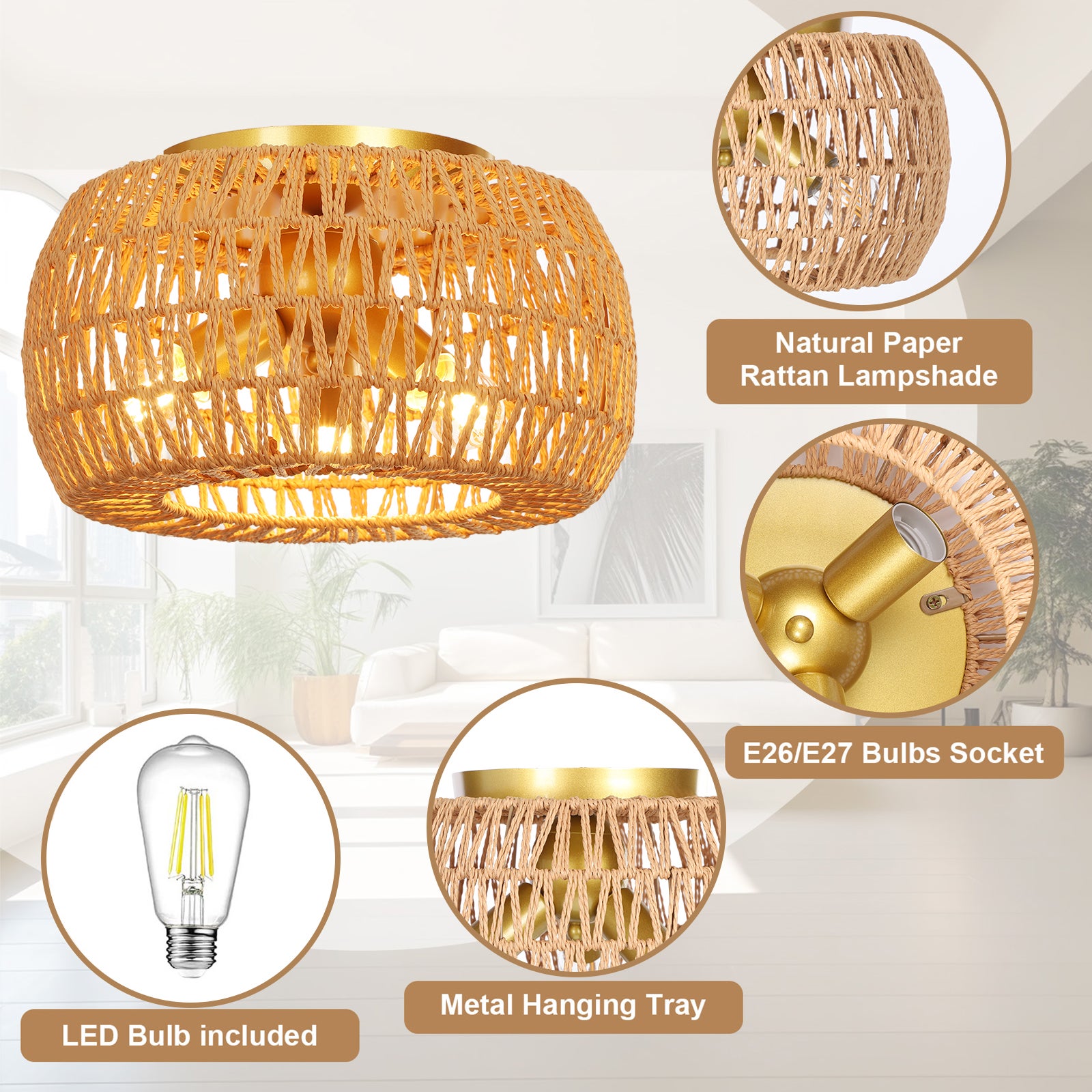 Lámpara de Techo de Ratán Vintage 3 Bombillas - Lámpara Boho con Pantalla Natural para Salón, Dormitorio o Cocina - Estilo Rústico y Acogedor - 3