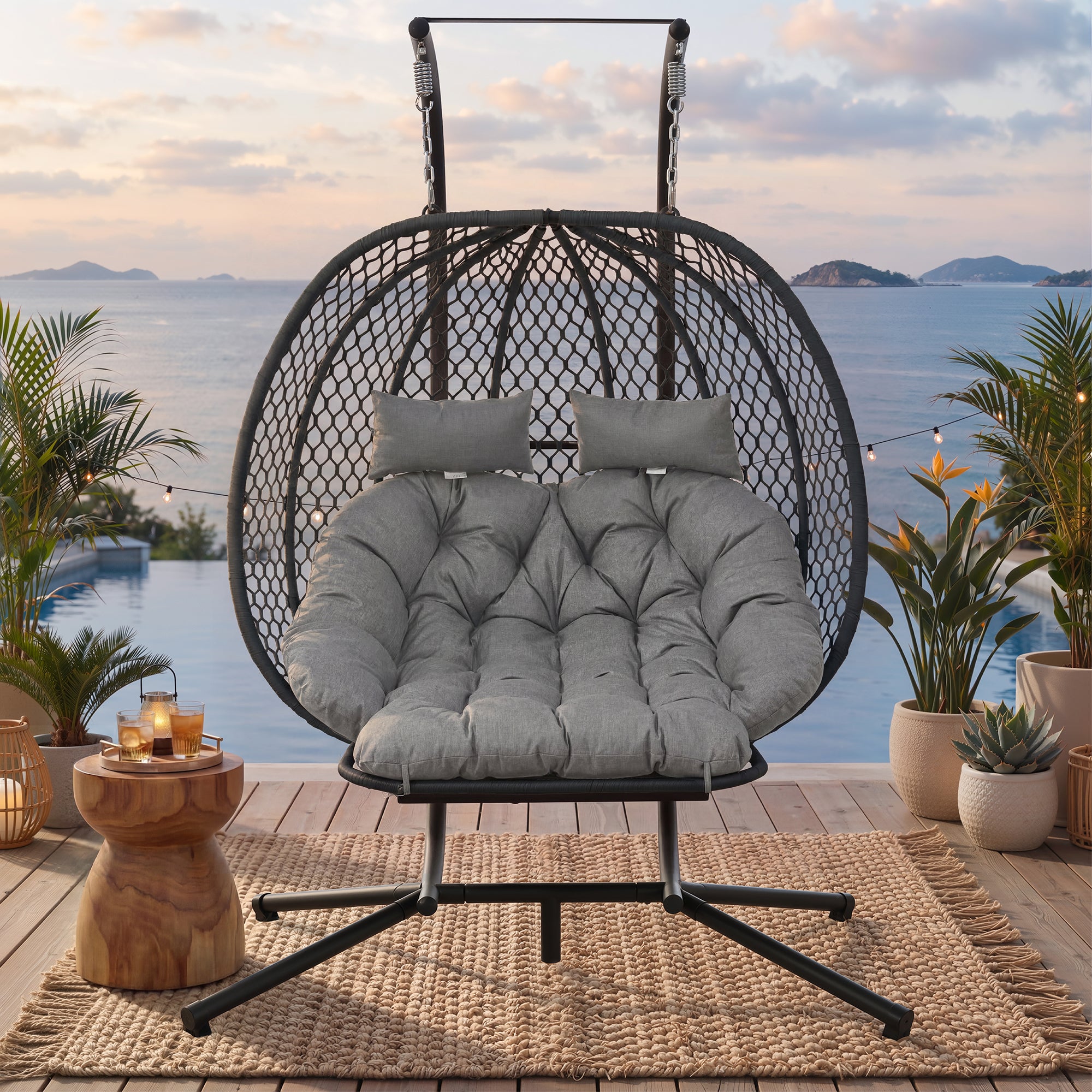 Fauteuil suspendu œuf avec pied, balancelle hamac extérieur avec repose-pieds et coussins, fauteuil à bascule double,structure acier, gris - 3