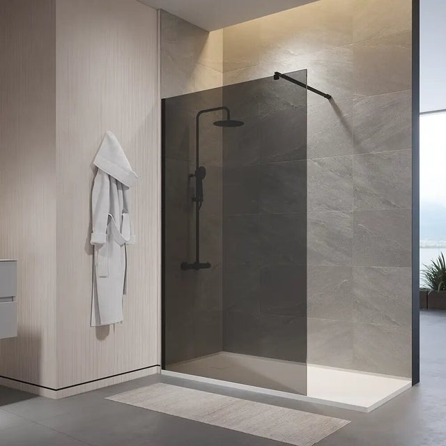 Paroi de douche à l'italienne 150 cm en verre trempé anti-calcaire 10 mm fumé, profilés noirs | Naxos