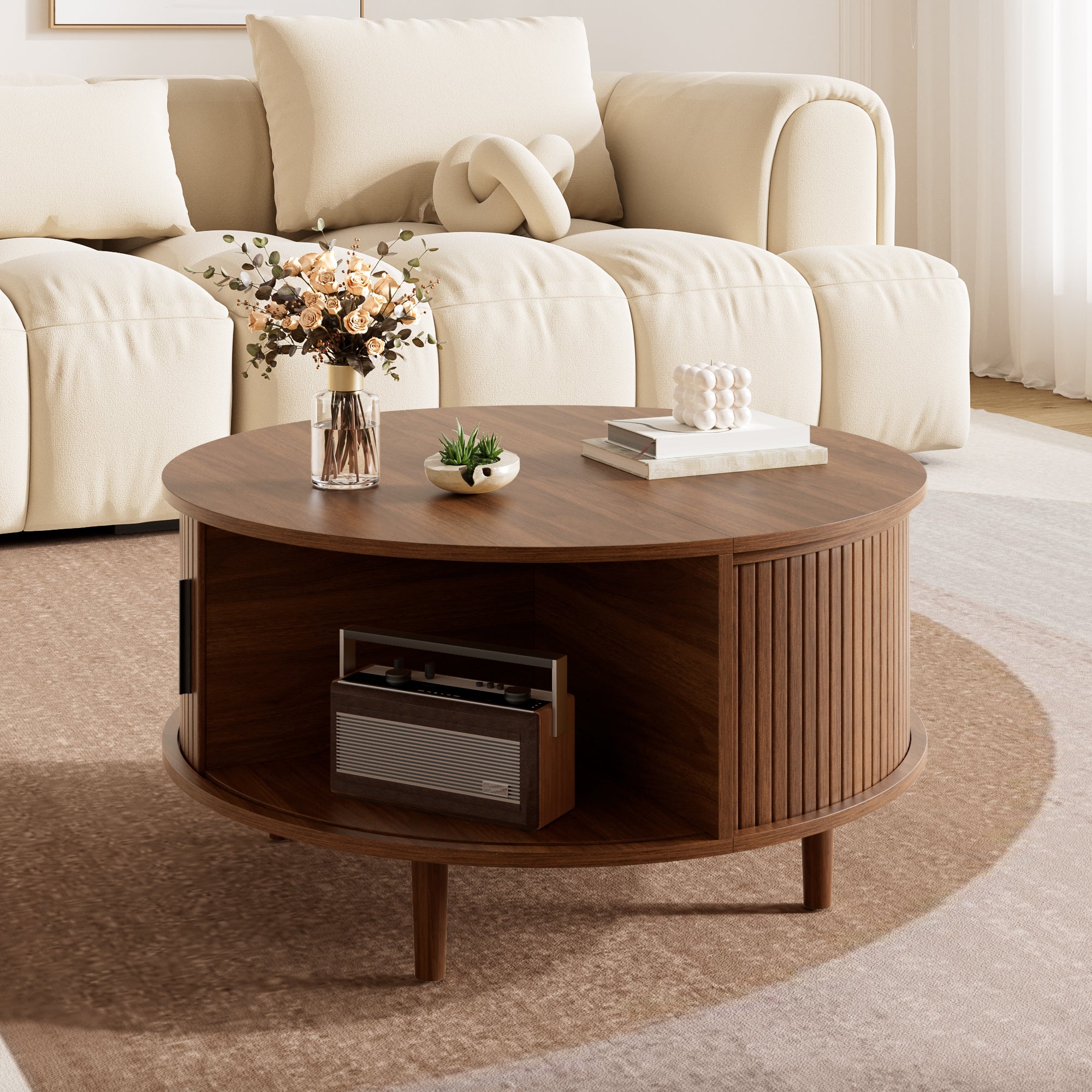 Table basse ronde réglable 80x80x59 cm avec tiroir coulissant , rangement intégré, MDF, Noyer - 2