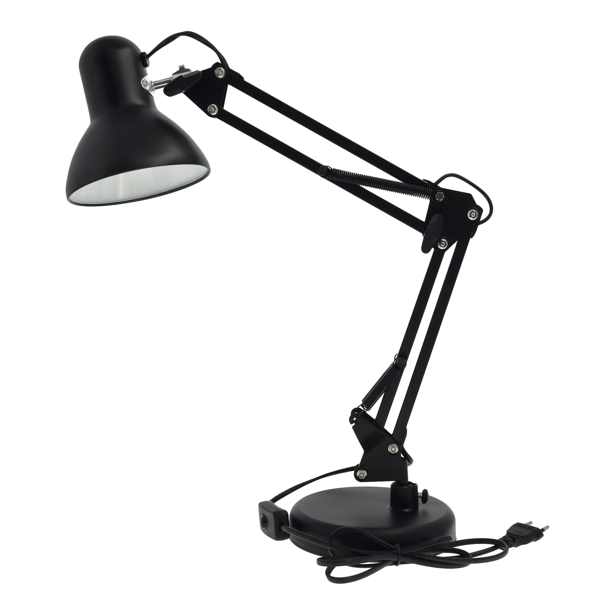 Lampa stołowa/biurkowa, metalowa, przegubowa. Do żarówki E27. Kolor czarny.