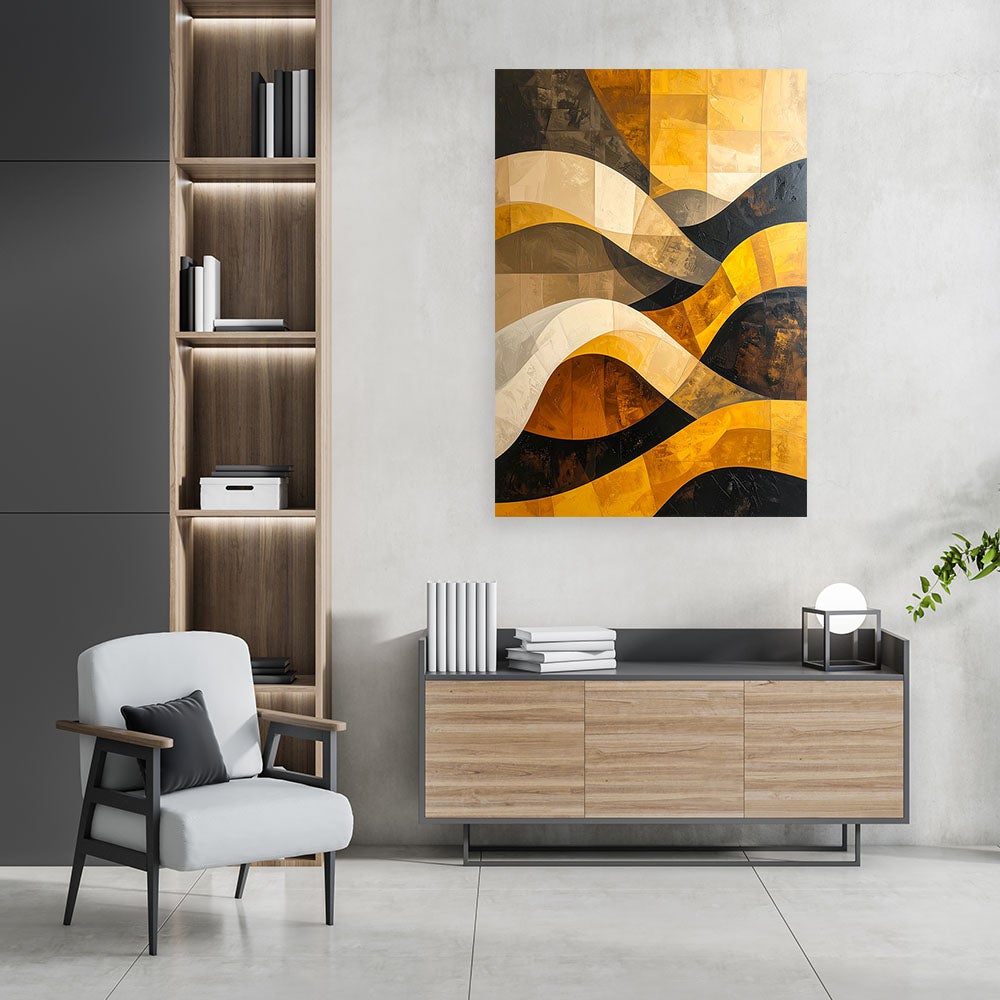 Obraz do salonu sypialni biura loftu, Abstrakcja linie kształty zółty czarny złoty 60x90 - 2