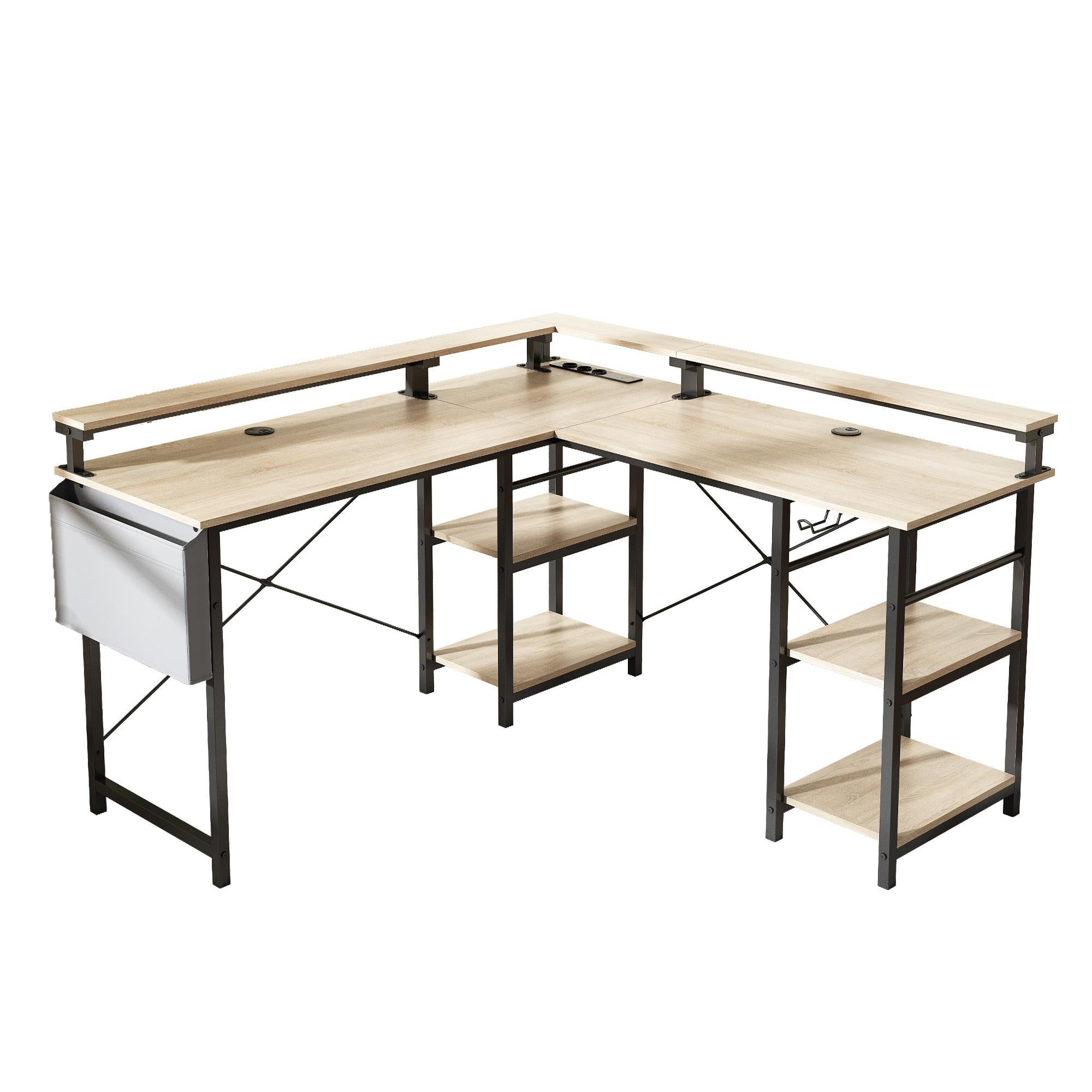 Bureau Gaming en L avec LED et Prises – 140x140 cm, Réversible avec Étagères Ajustables et Support Écran. - 9