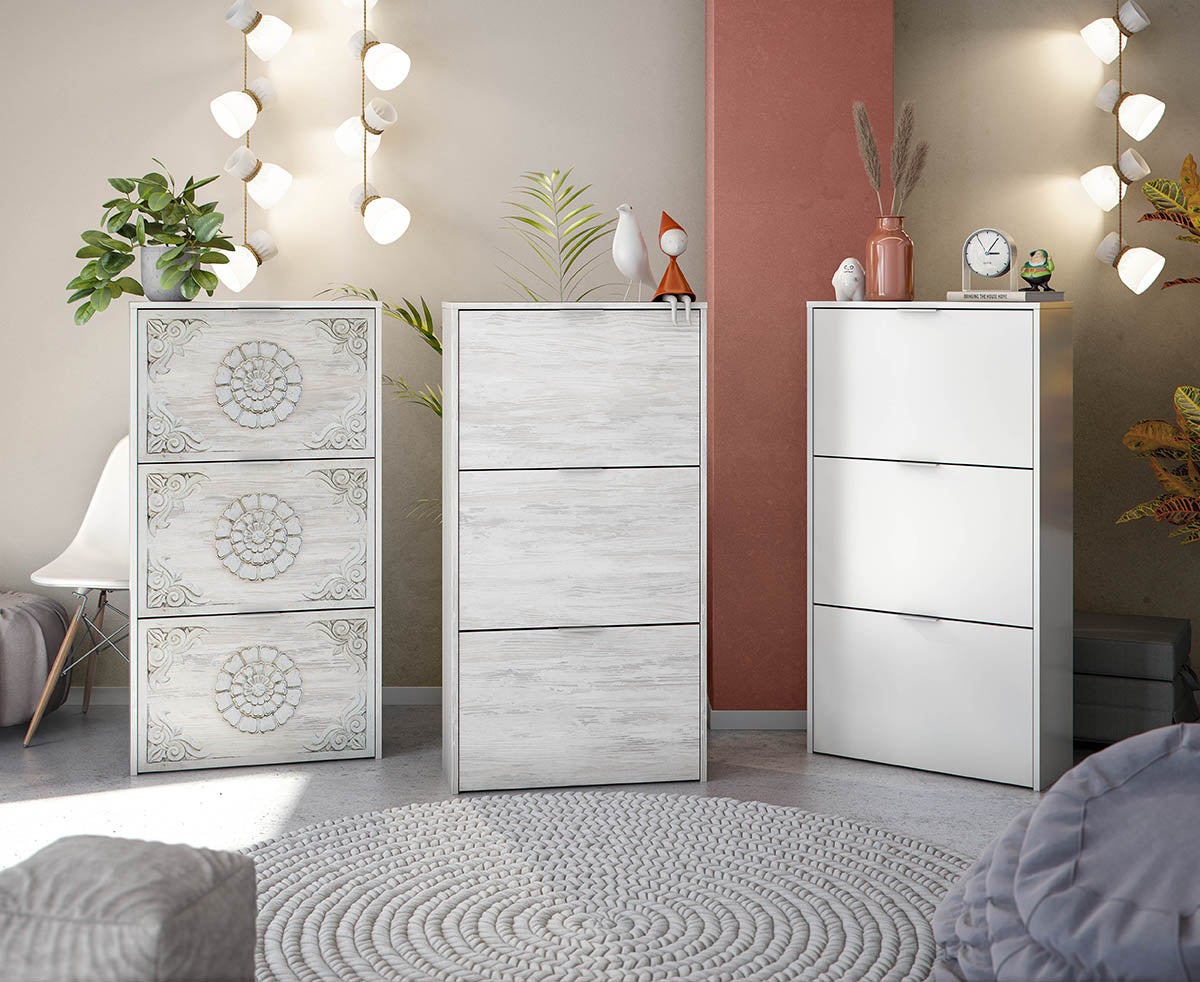 Meuble à Chaussures avec 3 abattants coloris chêne Gris blanchie - Hauteur 113 x Longueur 60 x Profondeur 22 cm - 4