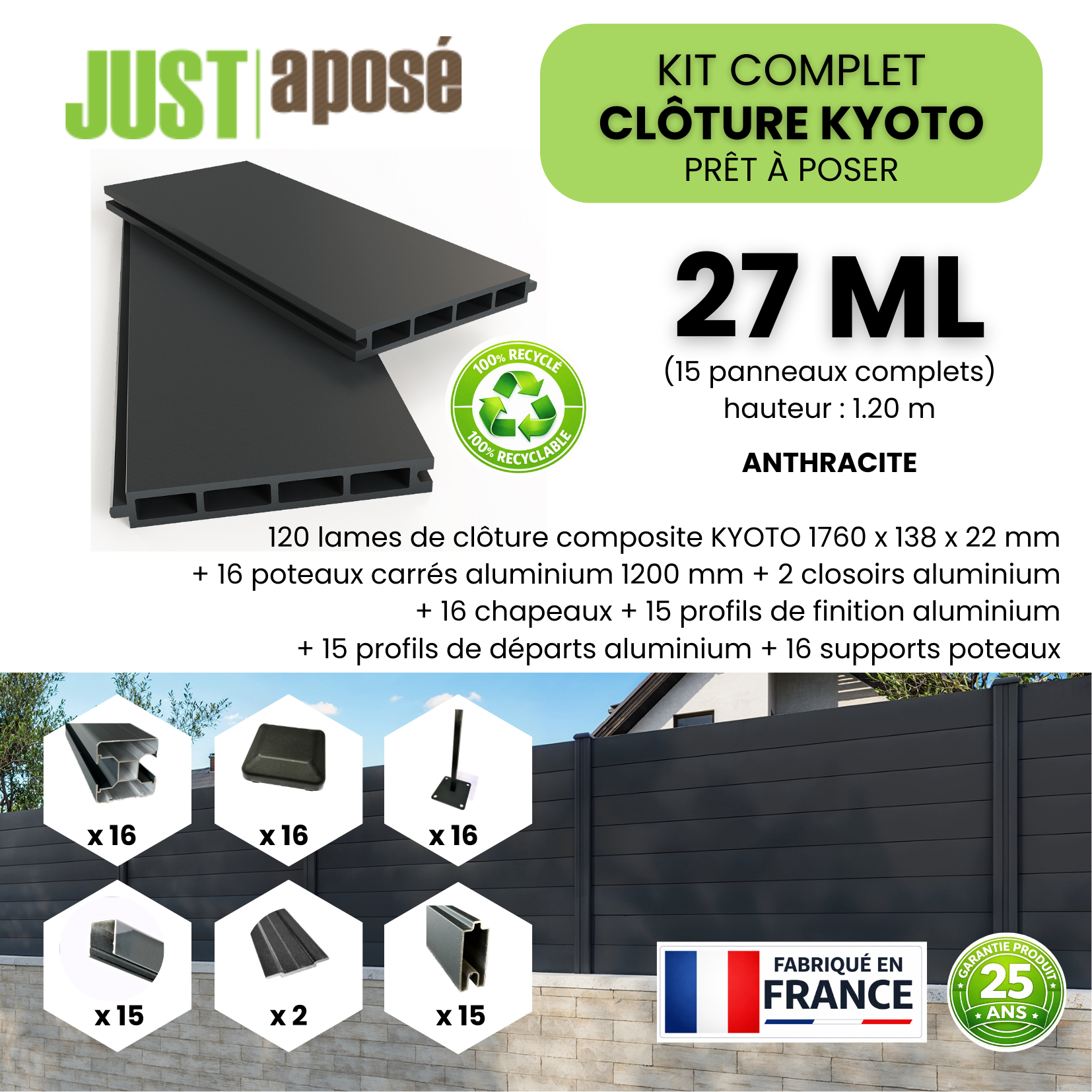 Kit complet clôture composite KYOTO - 15 panneaux complets - 27 x 1,20 m - Prêt à poser - Anthracite - 4