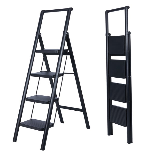 Escabeau pliable 4 marches noir, marches larges antidérapantes, pour maison, cuisine et bureau, facile à ranger, durable UZIRO.