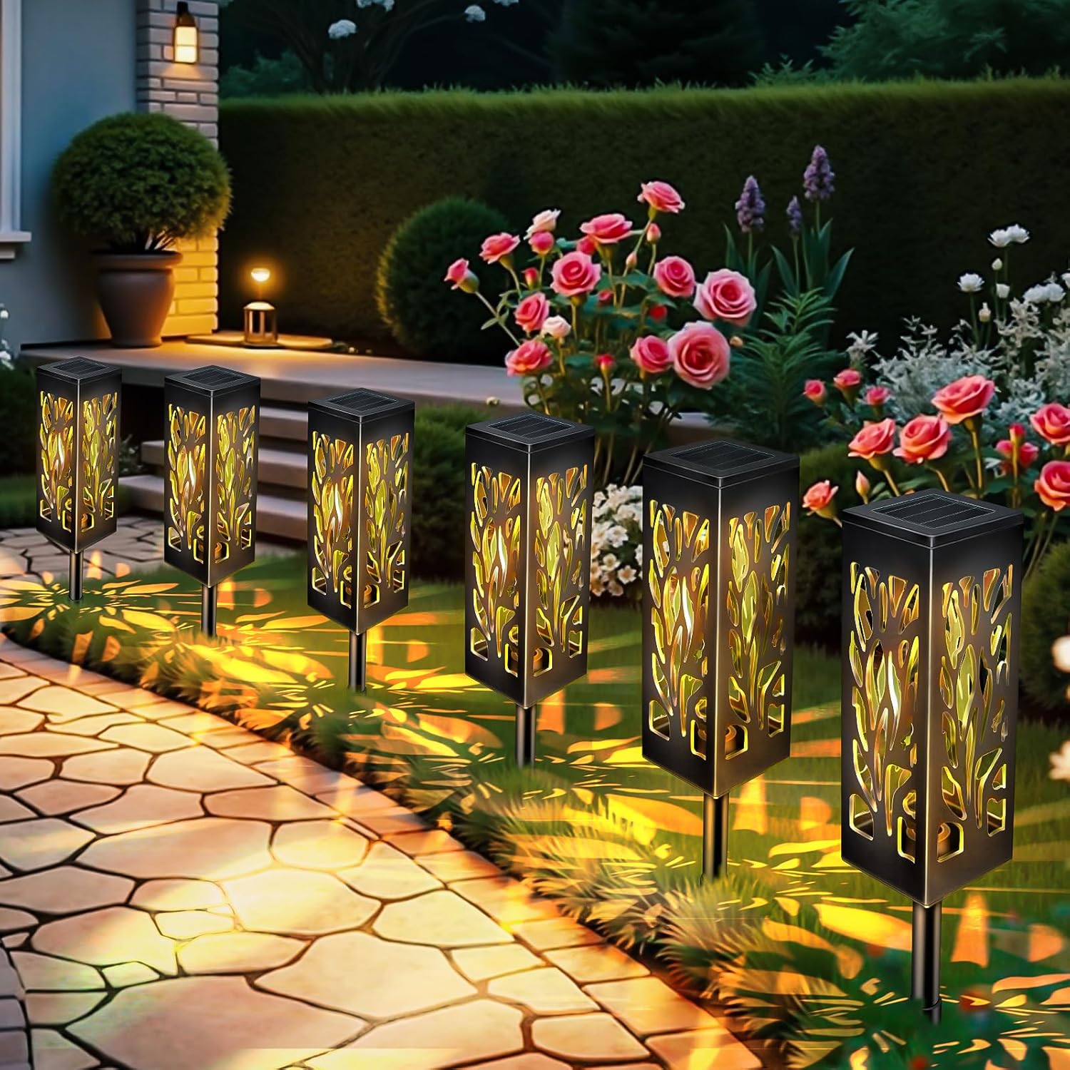 Zestaw 6 Solarnych Lamp Ogrodowych Zewnętrznych, IP65 Wodoodporne, Unikalny Design, Ciepłe Białe Światło Słoneczne do Dekoracji Ogrodu