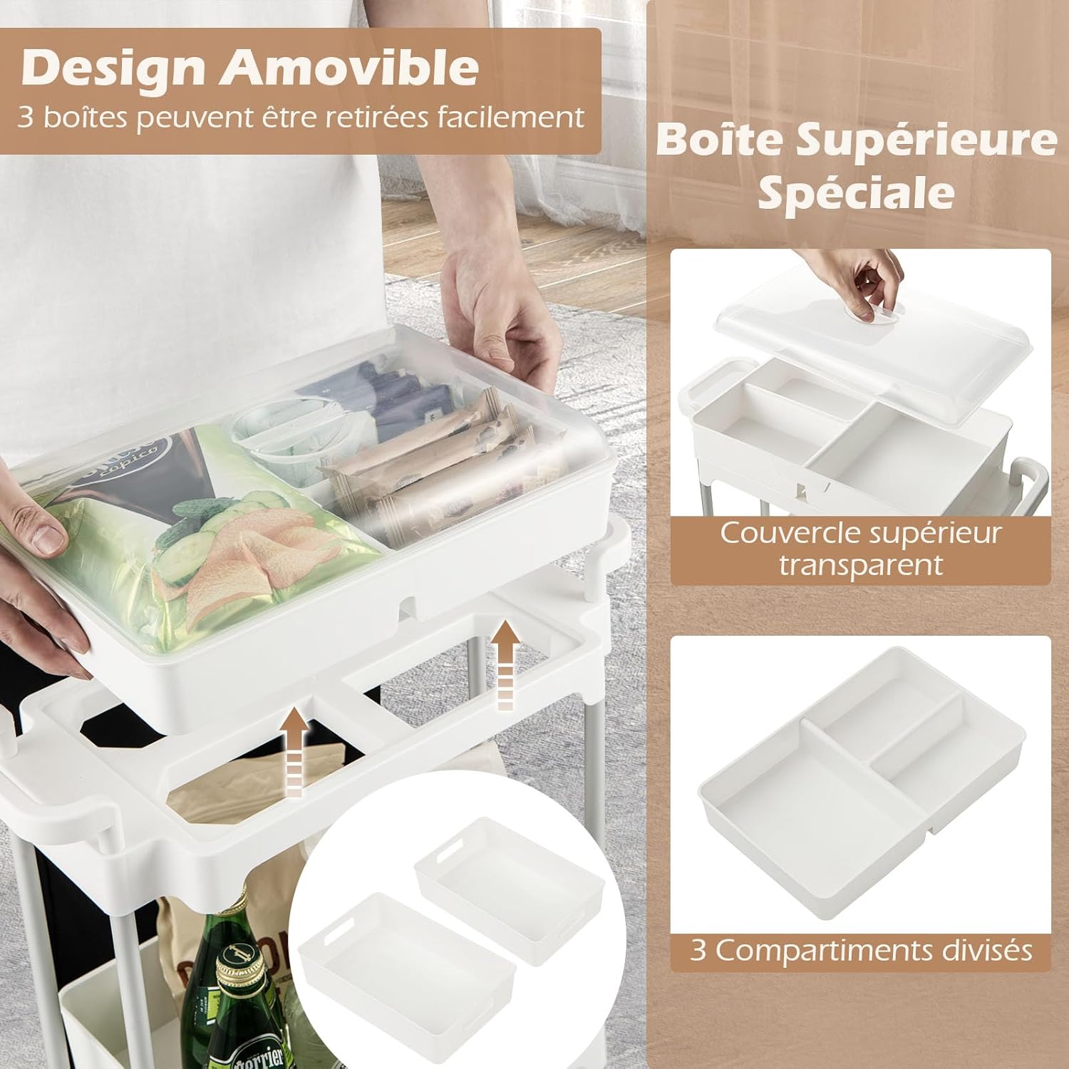 Carrello a 3 Livelli con Ruote Bloccabili, Carrello di Stoccaggio con Coperchio e Scaffali Rimovibili, Struttura in Lega di Alluminio, per Sog - 5