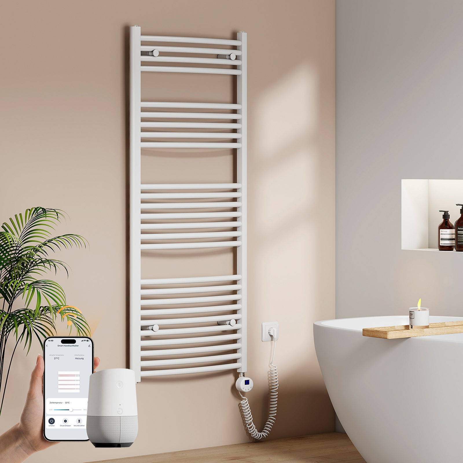 EMKE Grzejnik elektryczny łazienkowy Wygięta 140x60cm - Inteligentne Sterowanie z Programatorem Tygodniowym w Aplikacji - 665W - Biały