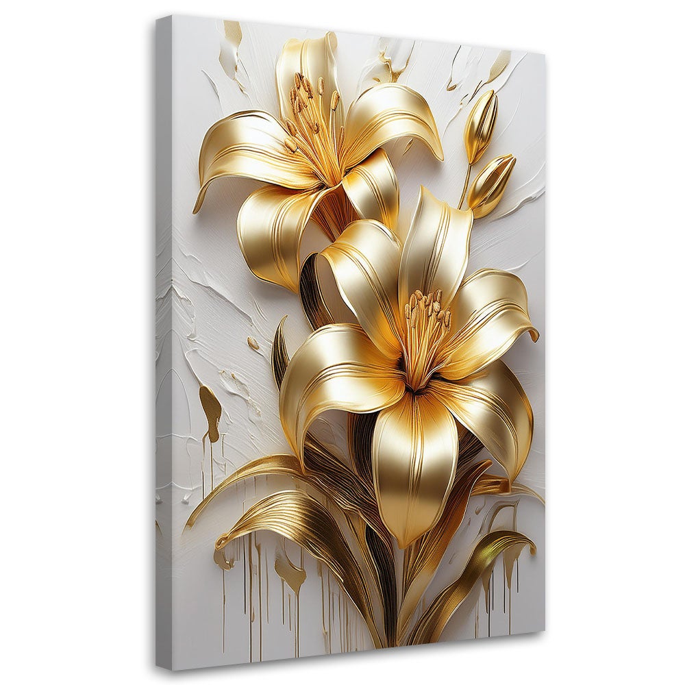 Obraz na płótnie, Złote Kwiaty Glamour Malowane 60x90