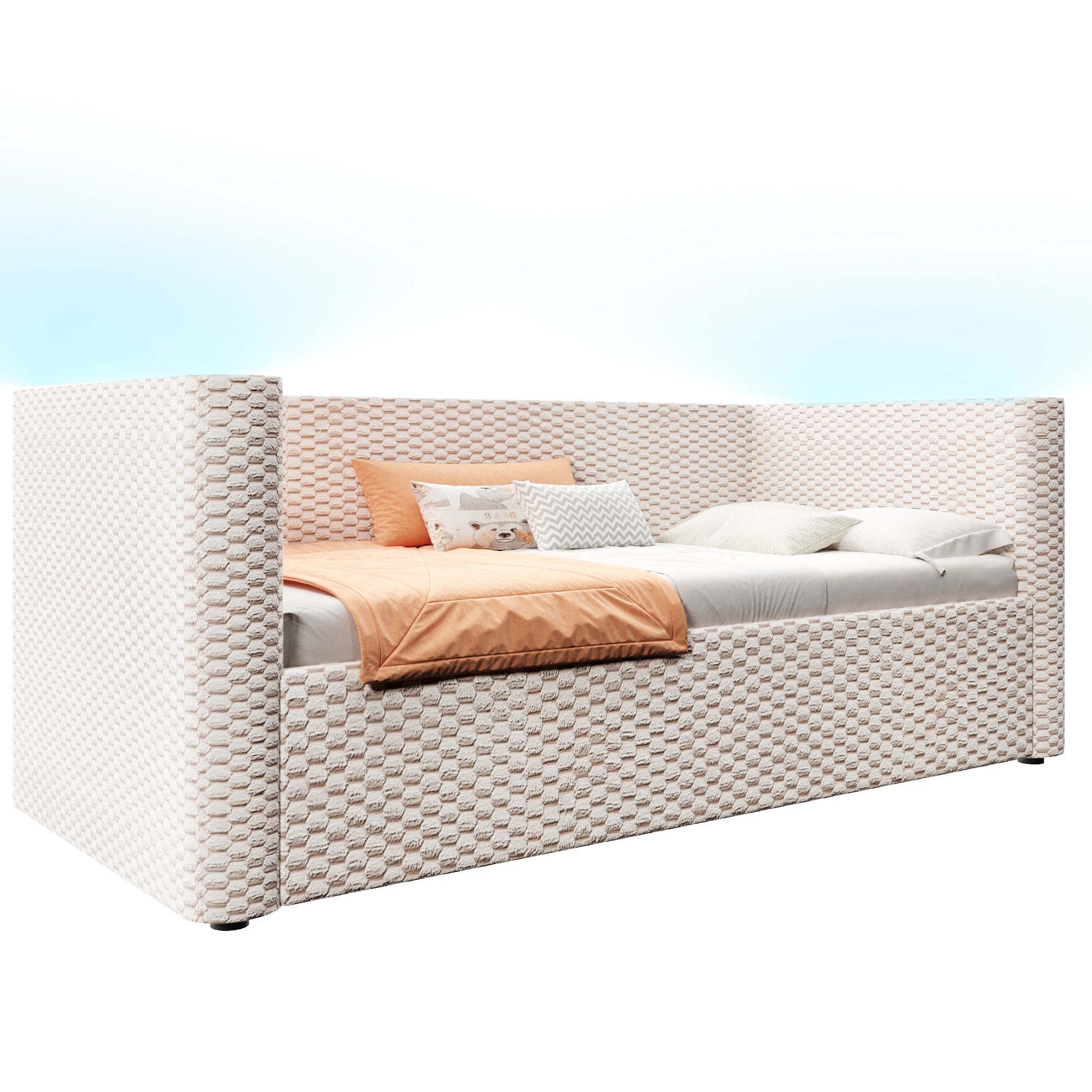 Rozkładana sofa z pojemnikiem 90x200 cm - z oświetleniem LED - stelaż lamelowy - welur - beżowy​ (materac nie jest wliczony w cenę) - 6