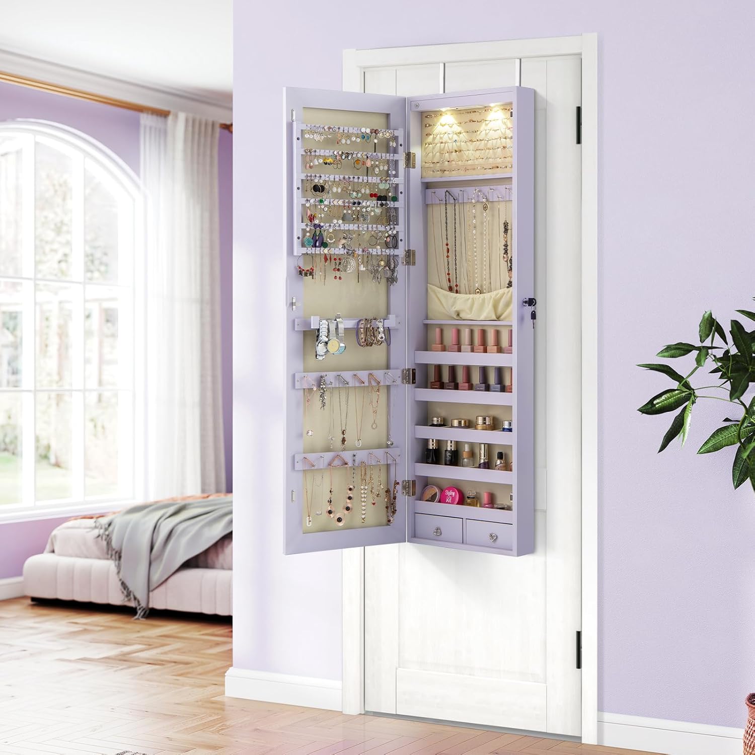 Armoire à Bijoux avec Miroir, Armoire a Bijoux Murale avec Éclairage LED, 2 Tiroirs, Fixer au Mur ou à Suspendre sur Porte (Violet) - 3