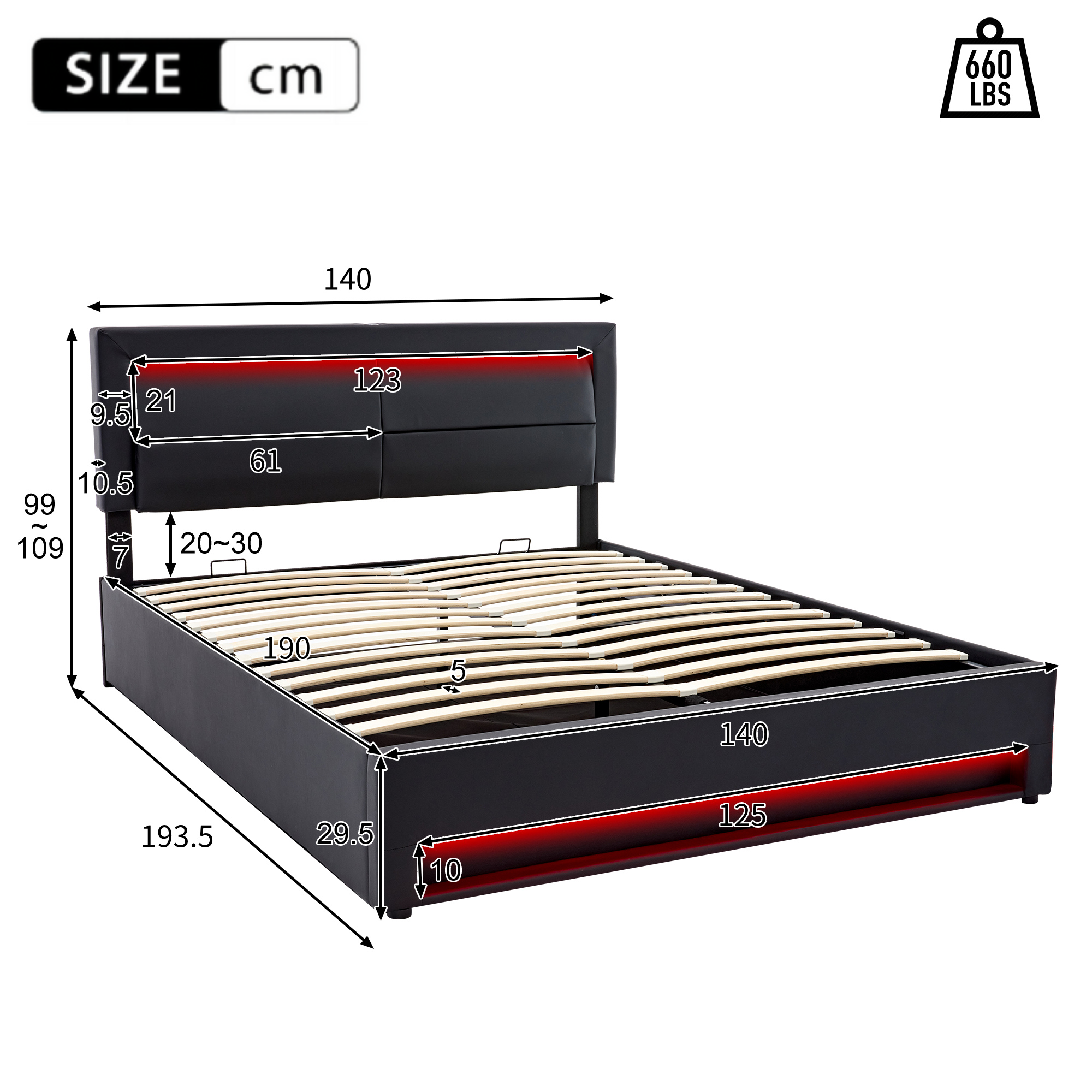 Lit coffre 140x190 cm,lit rembourré -port usb+éclairage led+ grand espace rangement - sans matelas-noir - 5
