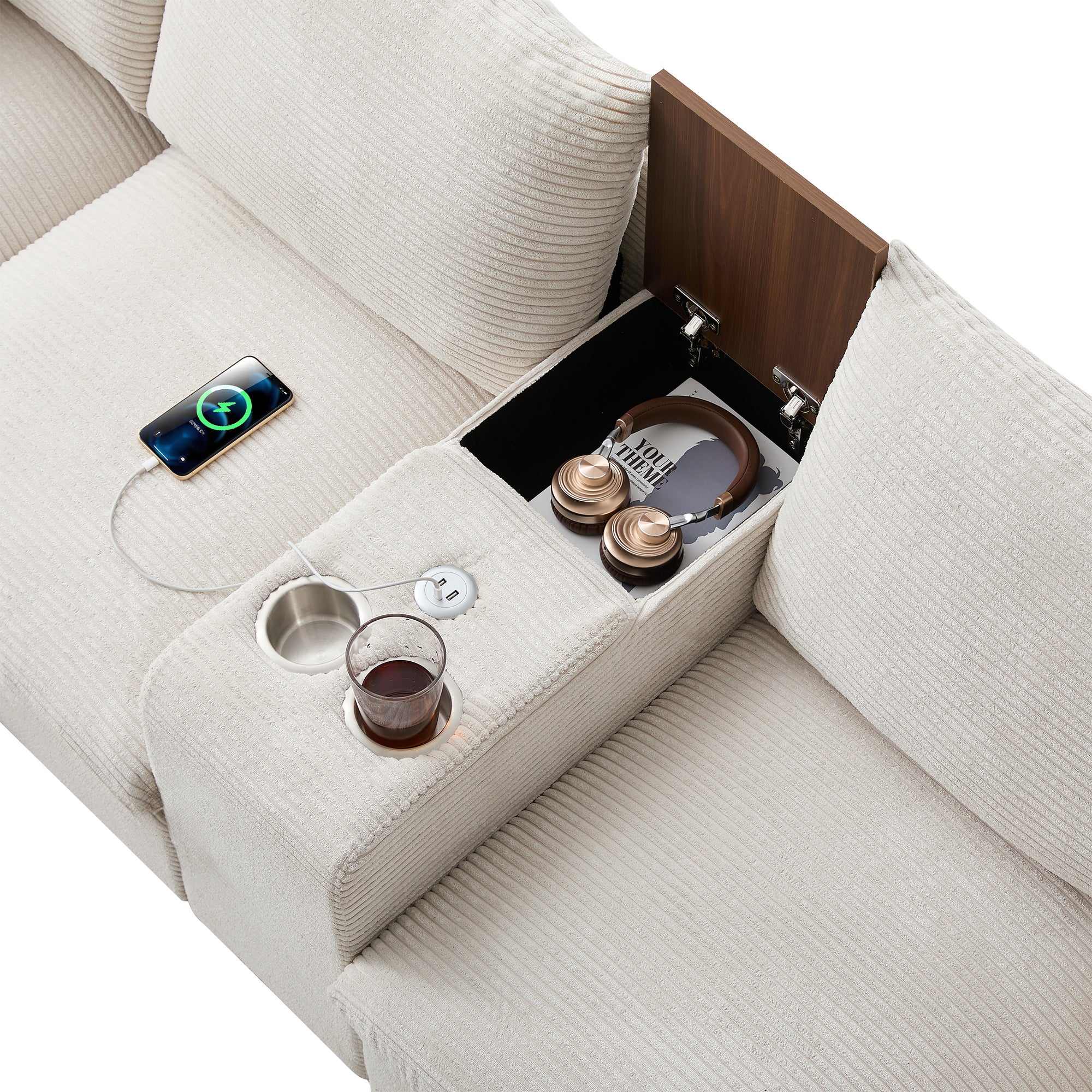 Nowoczesna sofa - z konsolą - 2 uchwyty na kubki - port ładowania USB - kieszenie na podłokietnikach - z poduszkami - beżowa - 7
