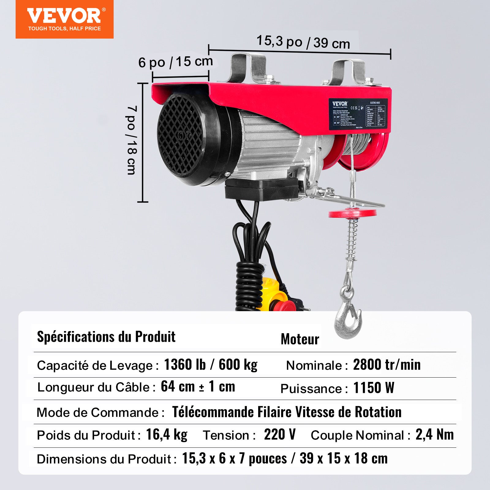 Palan électrique VEVOR Treuil à Câble 600 kg 1150 W avec Télécommande Filaire 4 m, 10 m/min, Câble 12 m, Moteur Cuivre Pur pour Garages et Entrepôts - 7