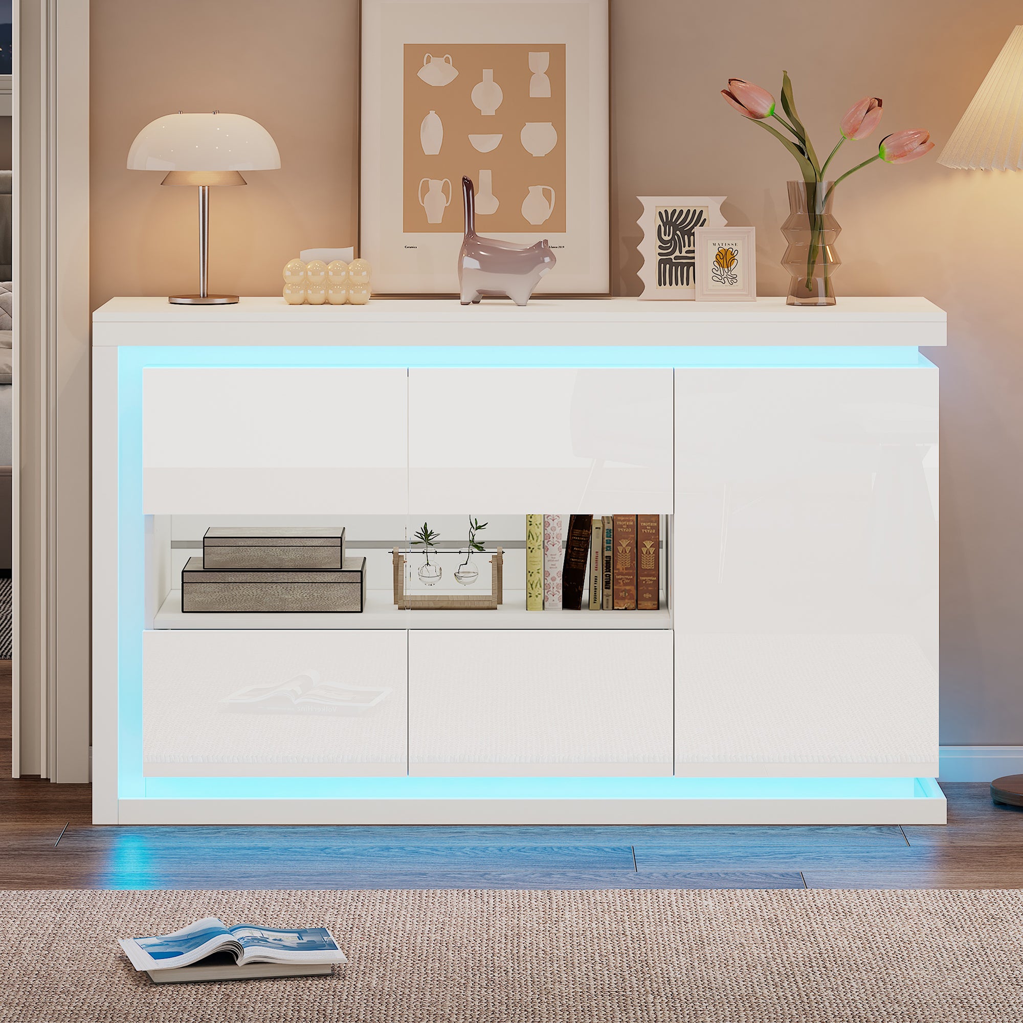 Komoda połysk 140x40x84 cm - 3 drzwi - z oświetleniem LED - ze szkłem hartowanym - płyta wiórowa - biała