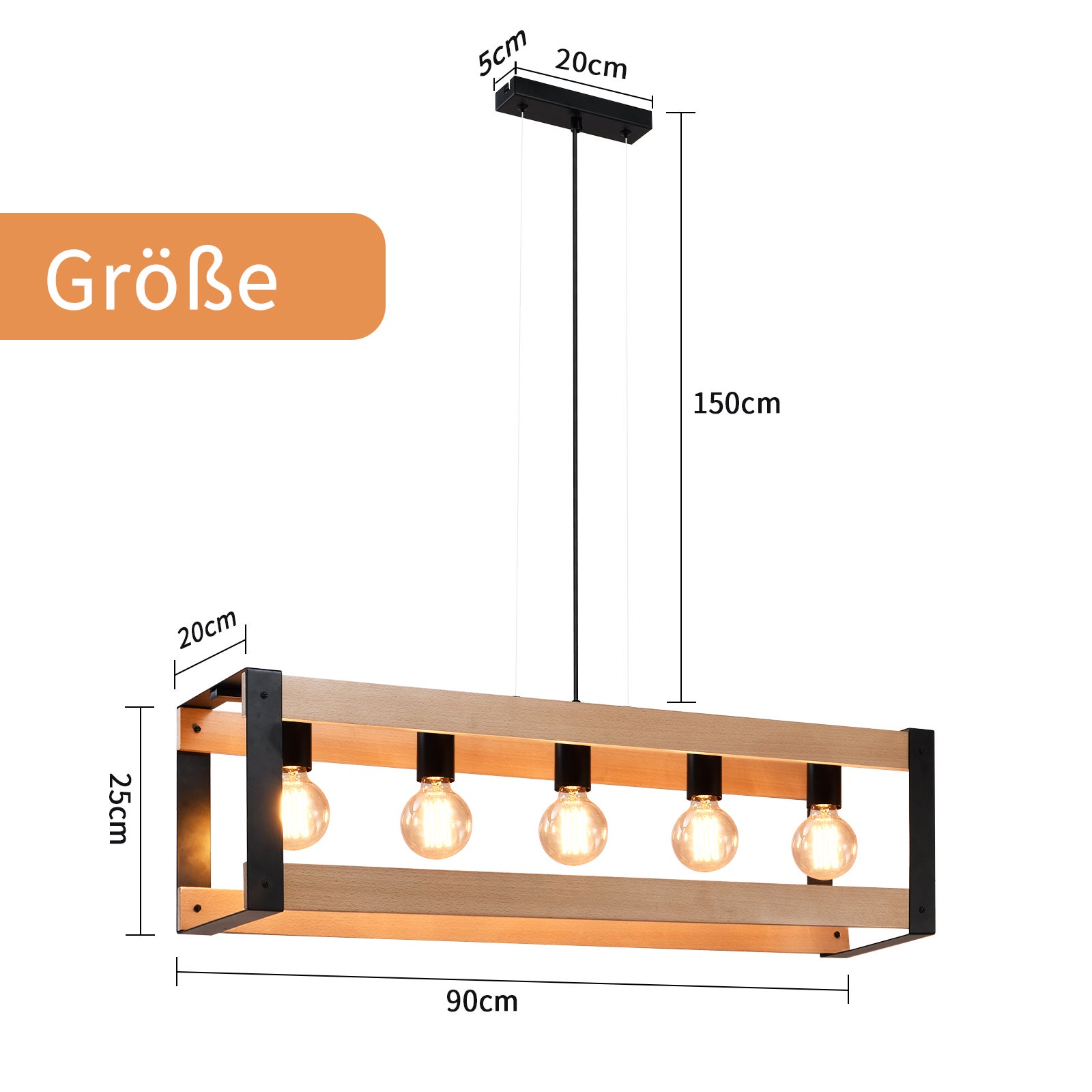 NETTLIFE Suspension lampe de salle à manger vintage en bois noire E27 5 flammes table à manger industrielle - 7