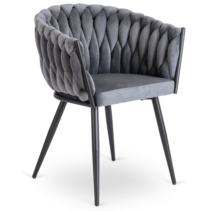 Krzesło Tapicerowane Welur Glamour ELENA Plecione Szare Do Salonu Jadalni